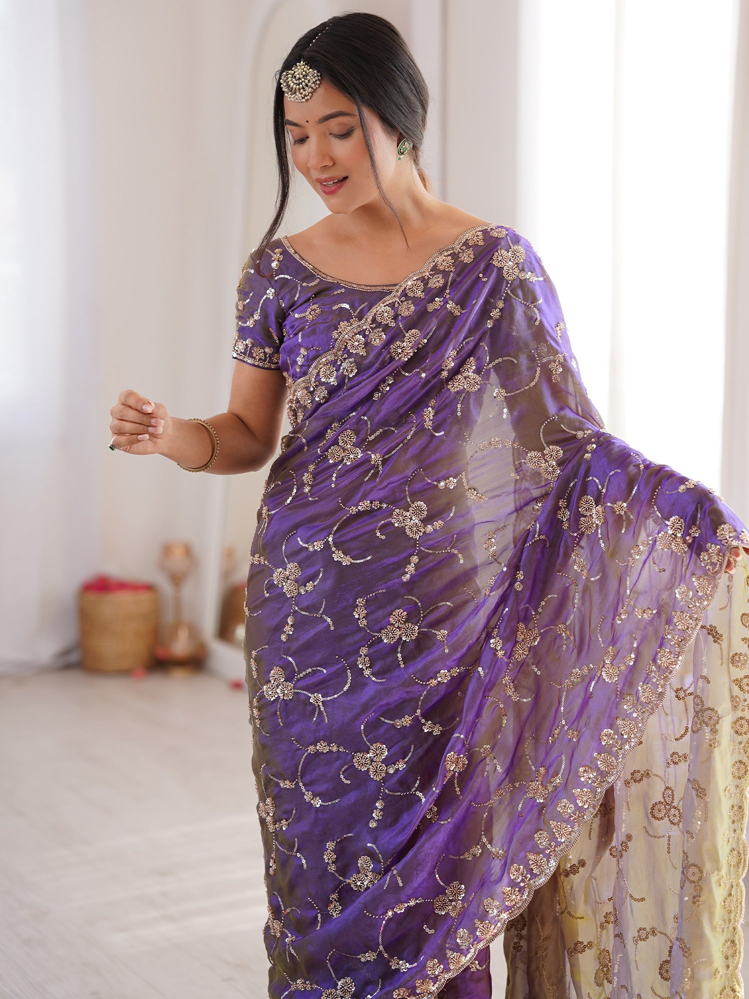Purple Embroidered Organza Saree with Cutwork Border - Ressa