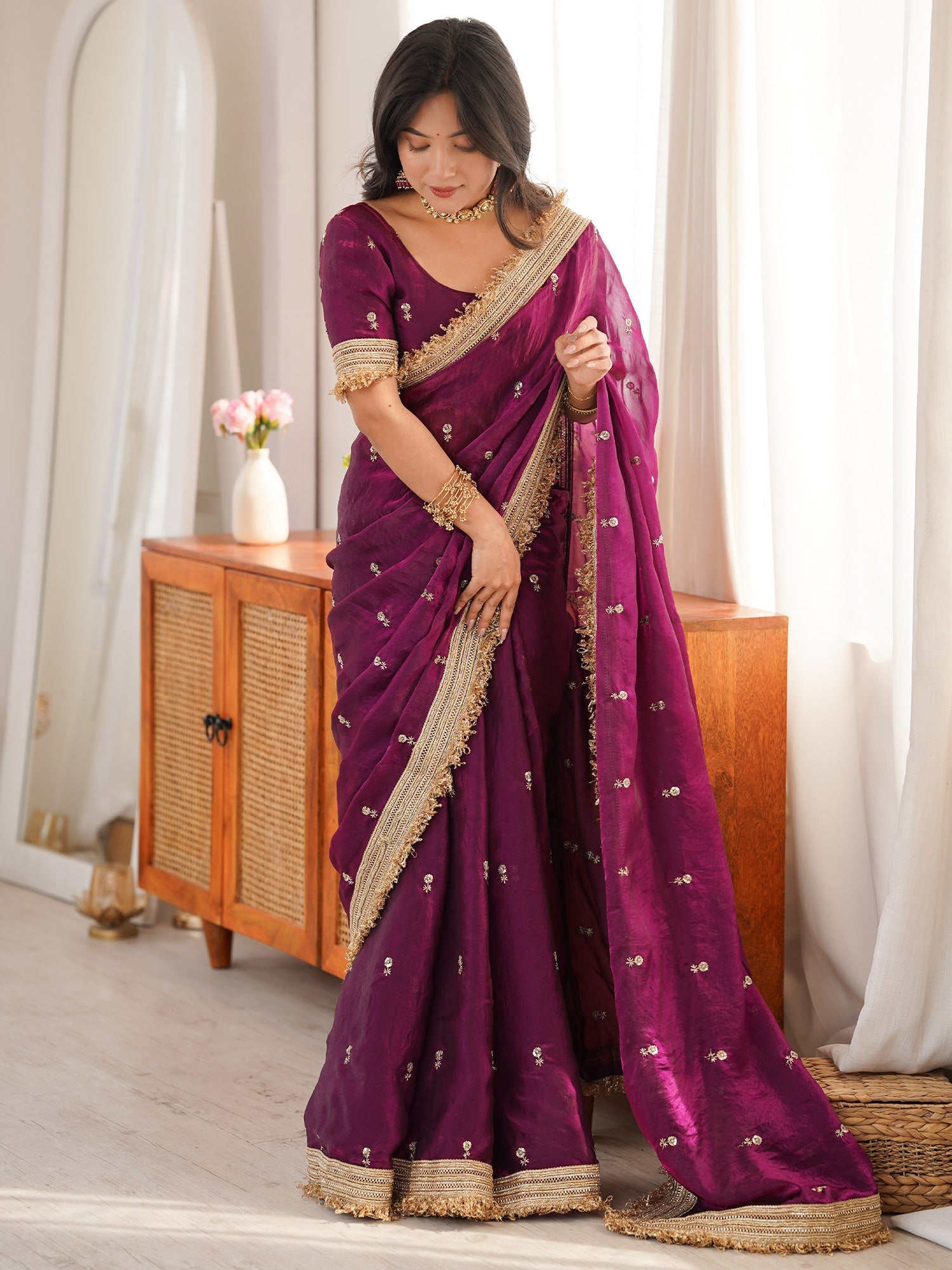 Purple Embroidered Organza Saree with Heavy Zari Border - Ressa