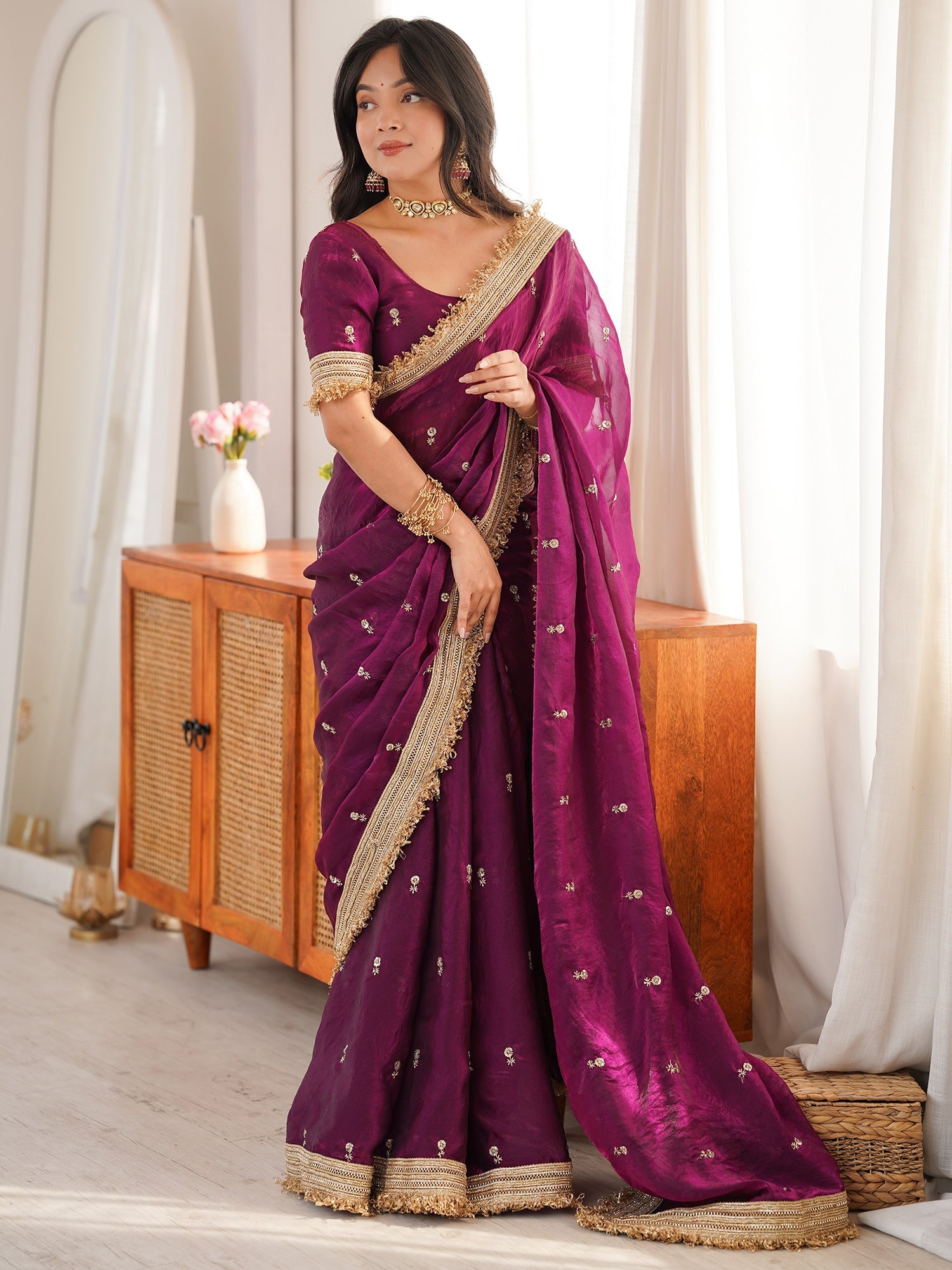 Purple Embroidered Organza Saree with Heavy Zari Border - Ressa