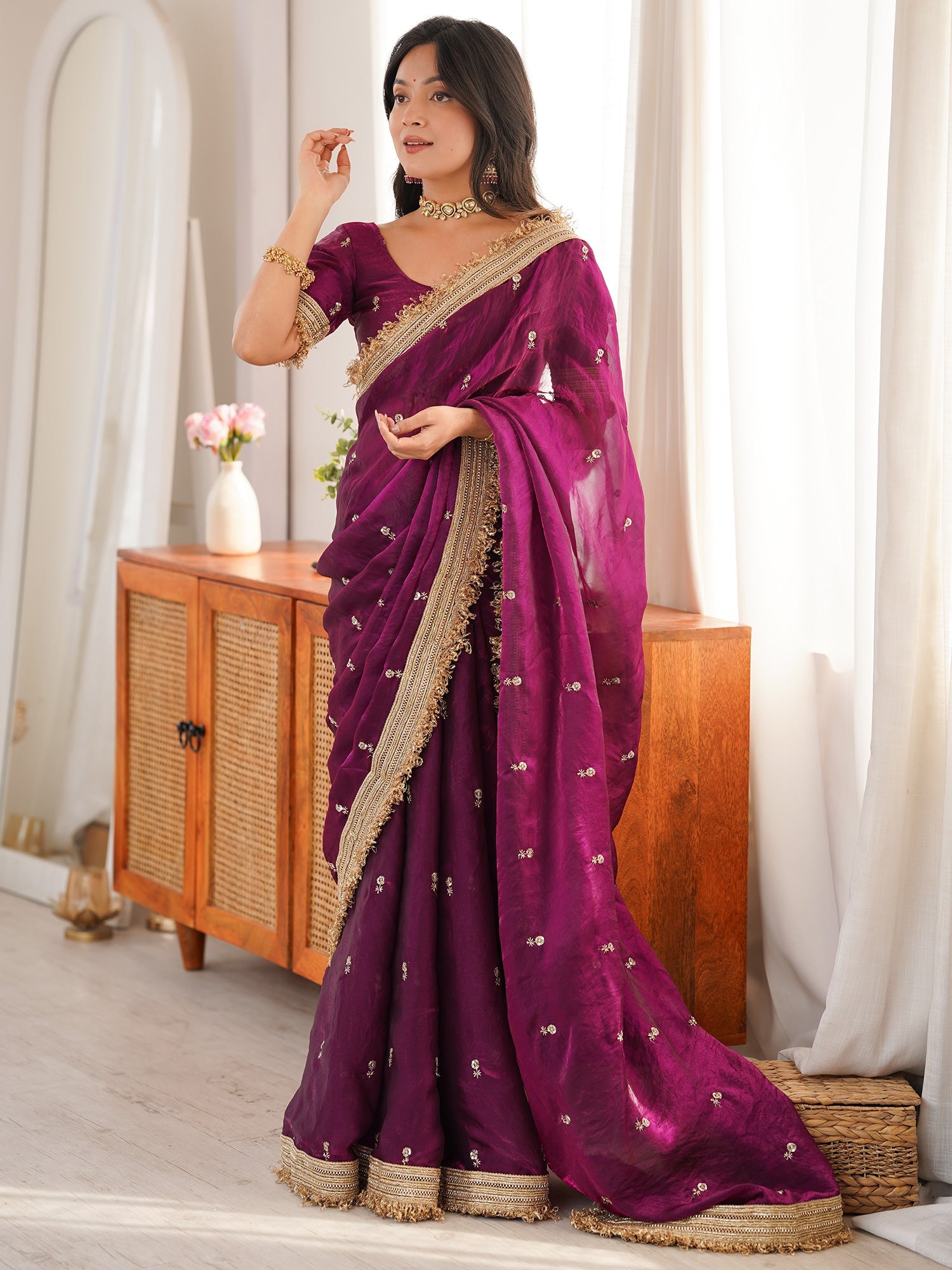 Purple Embroidered Organza Saree with Heavy Zari Border - Ressa