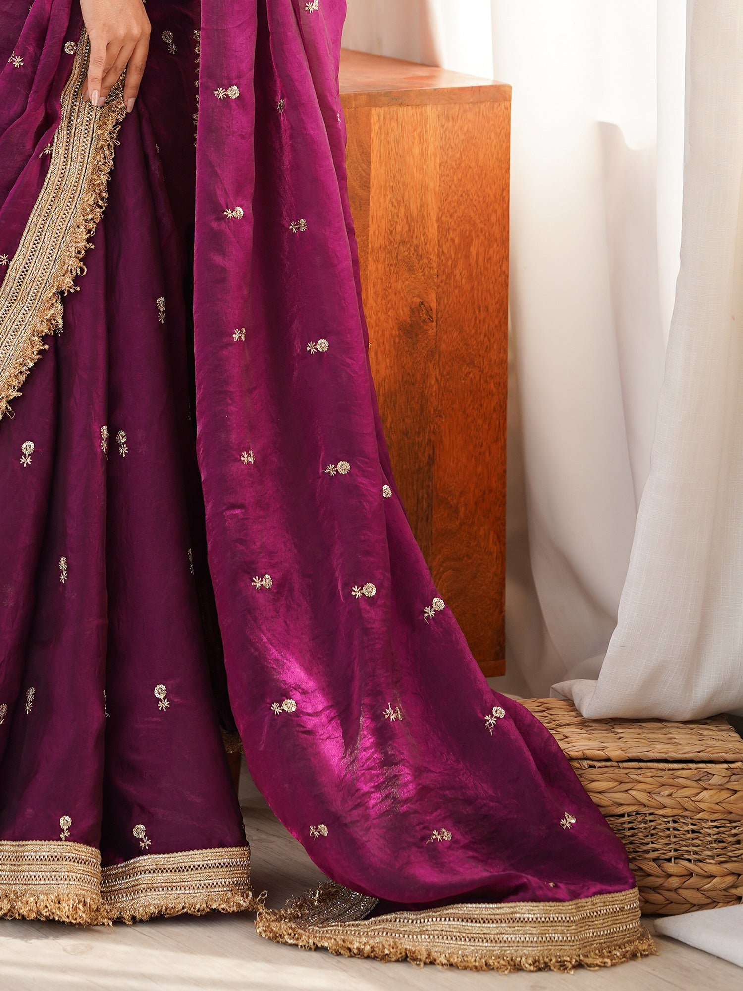 Purple Embroidered Organza Saree with Heavy Zari Border - Ressa