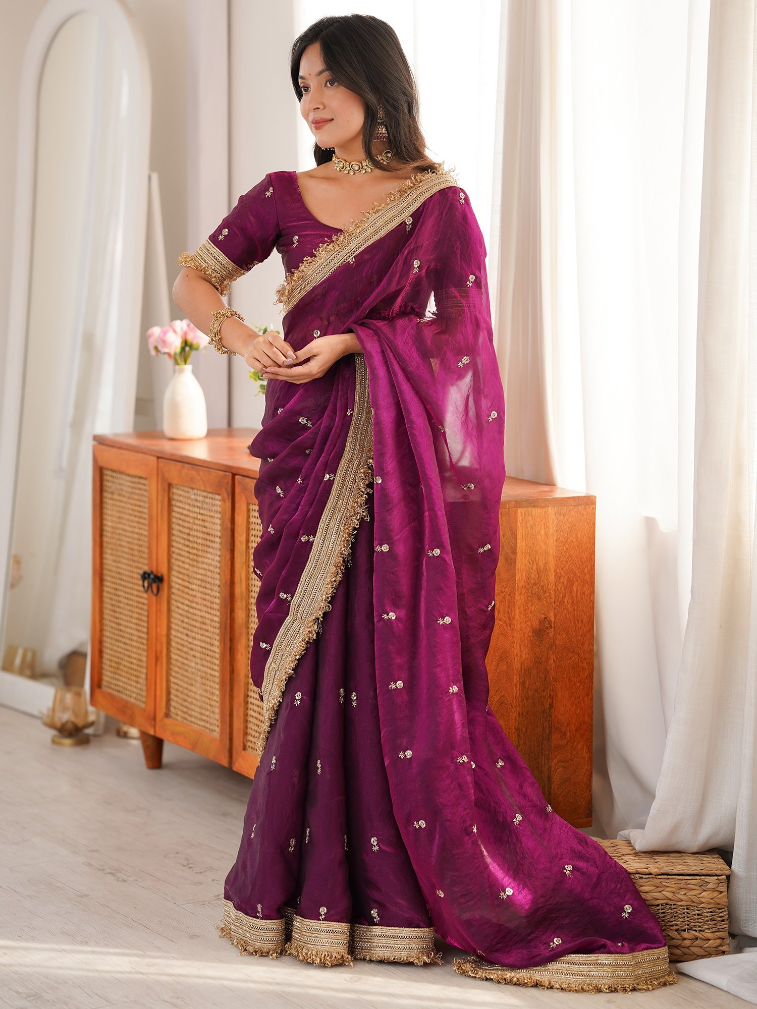Purple Embroidered Organza Saree with Heavy Zari Border - Ressa
