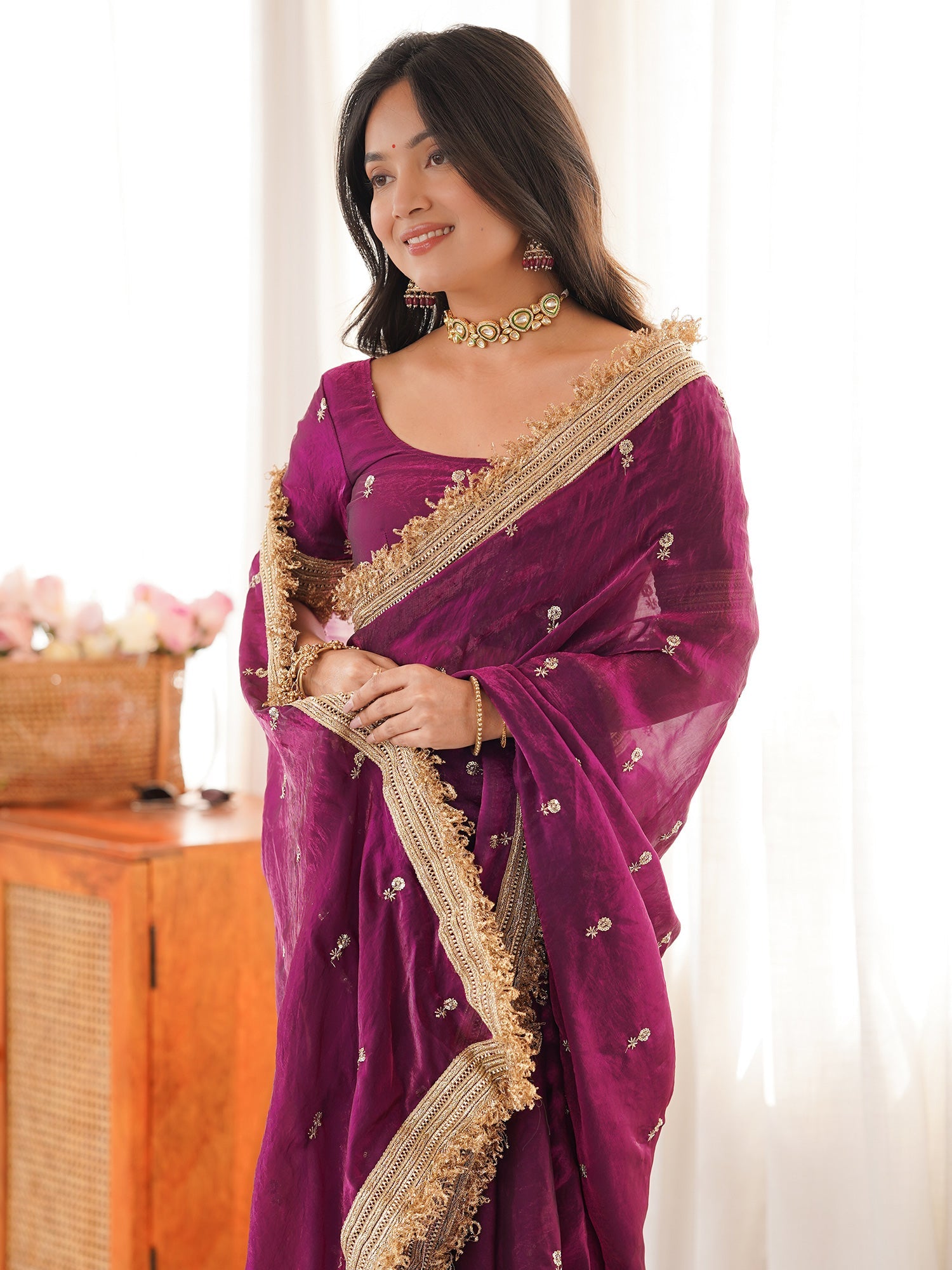 Purple Embroidered Organza Saree with Heavy Zari Border - Ressa