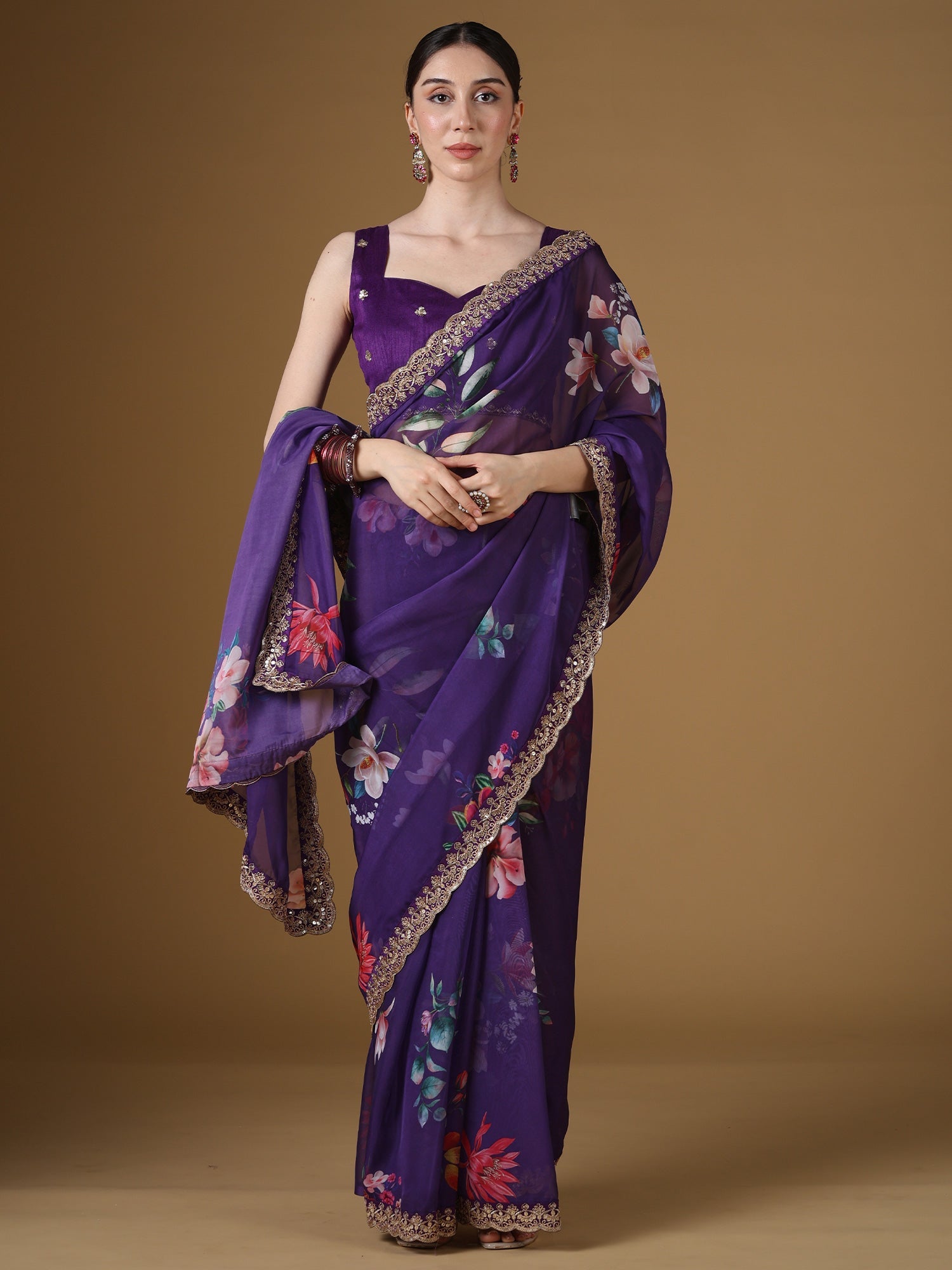 Purple Floral Organza Saree with Embroidered Border - Ressa