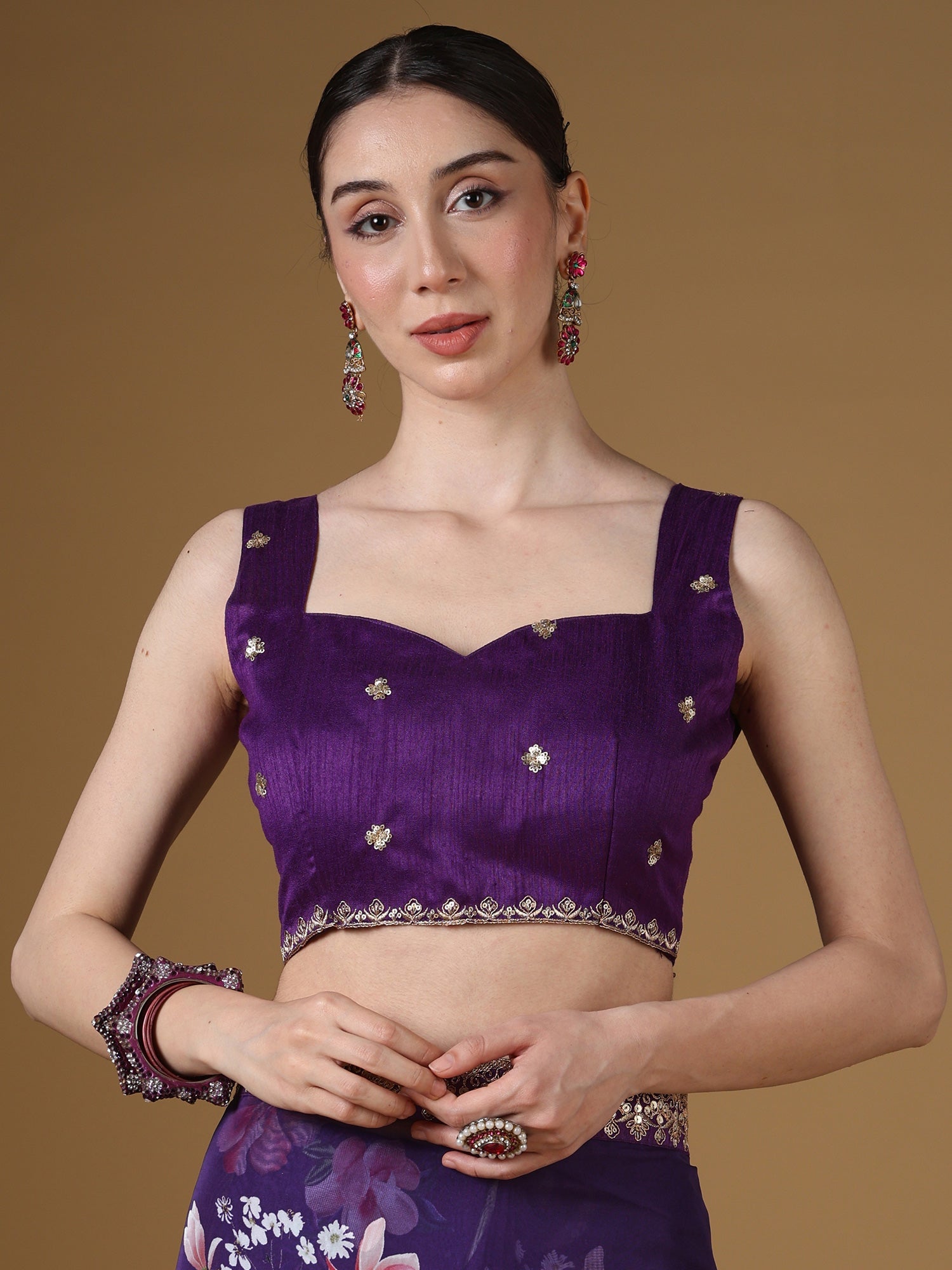 Purple Floral Organza Saree with Embroidered Border - Ressa