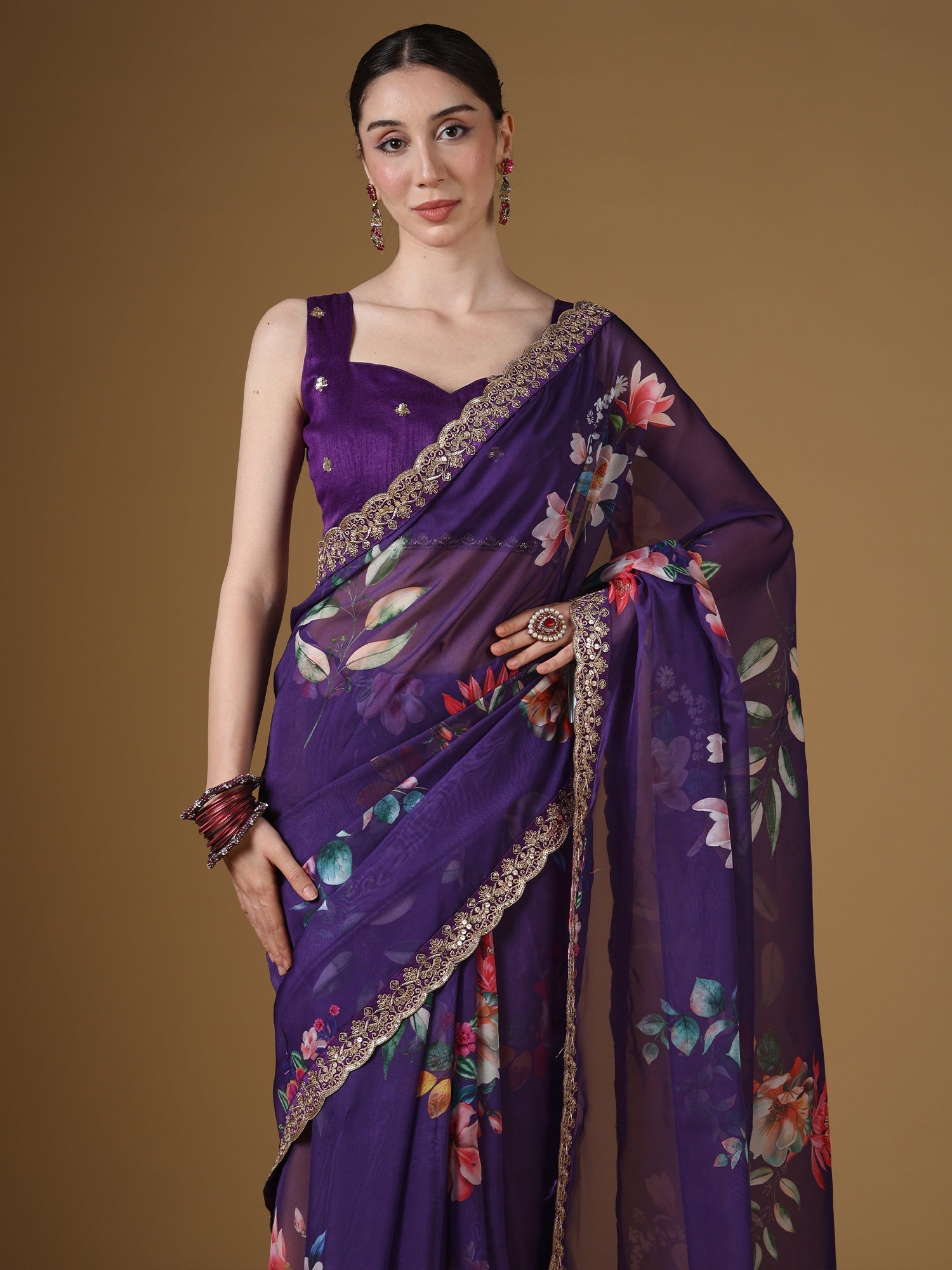Purple Floral Organza Saree with Embroidered Border - Ressa