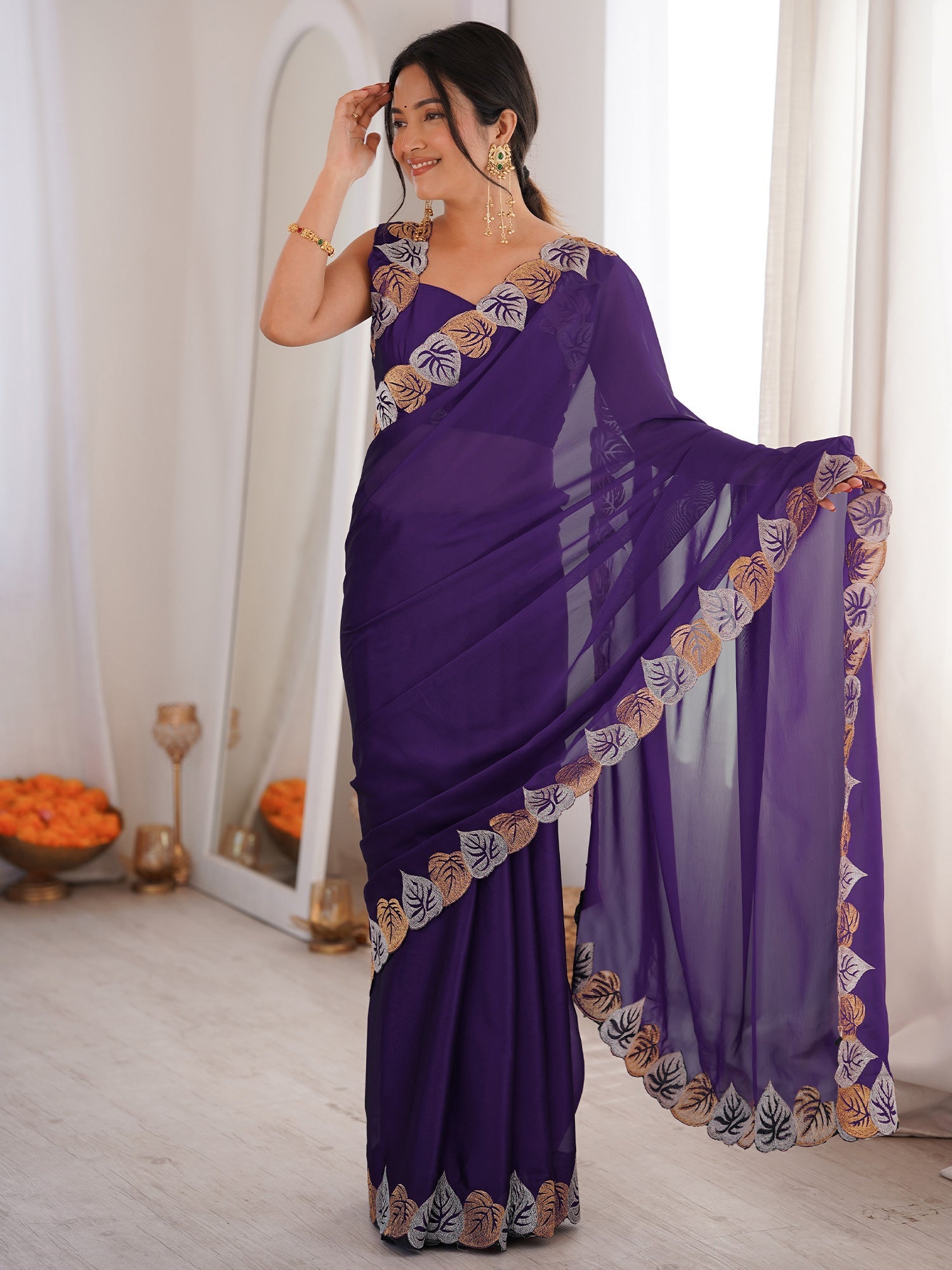 Purple Georgette Cutwork Saree - Ressa