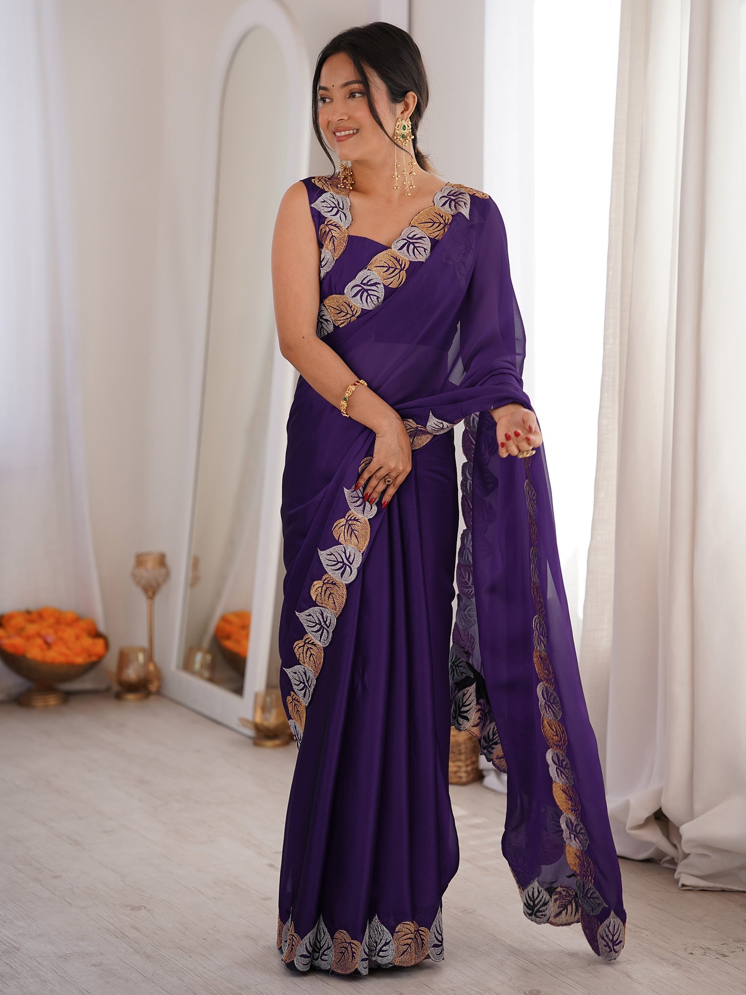 Purple Georgette Cutwork Saree - Ressa
