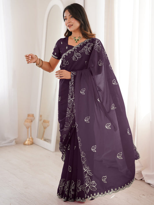 Purple Georgette Embroidered Saree - Ressa