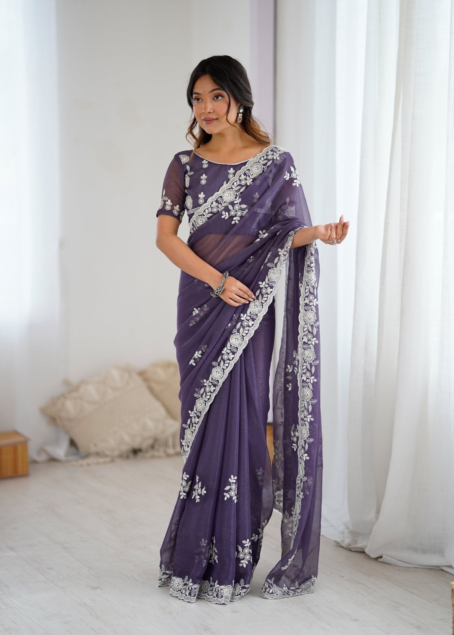 Purple Georgette Embroidered Saree - Ressa