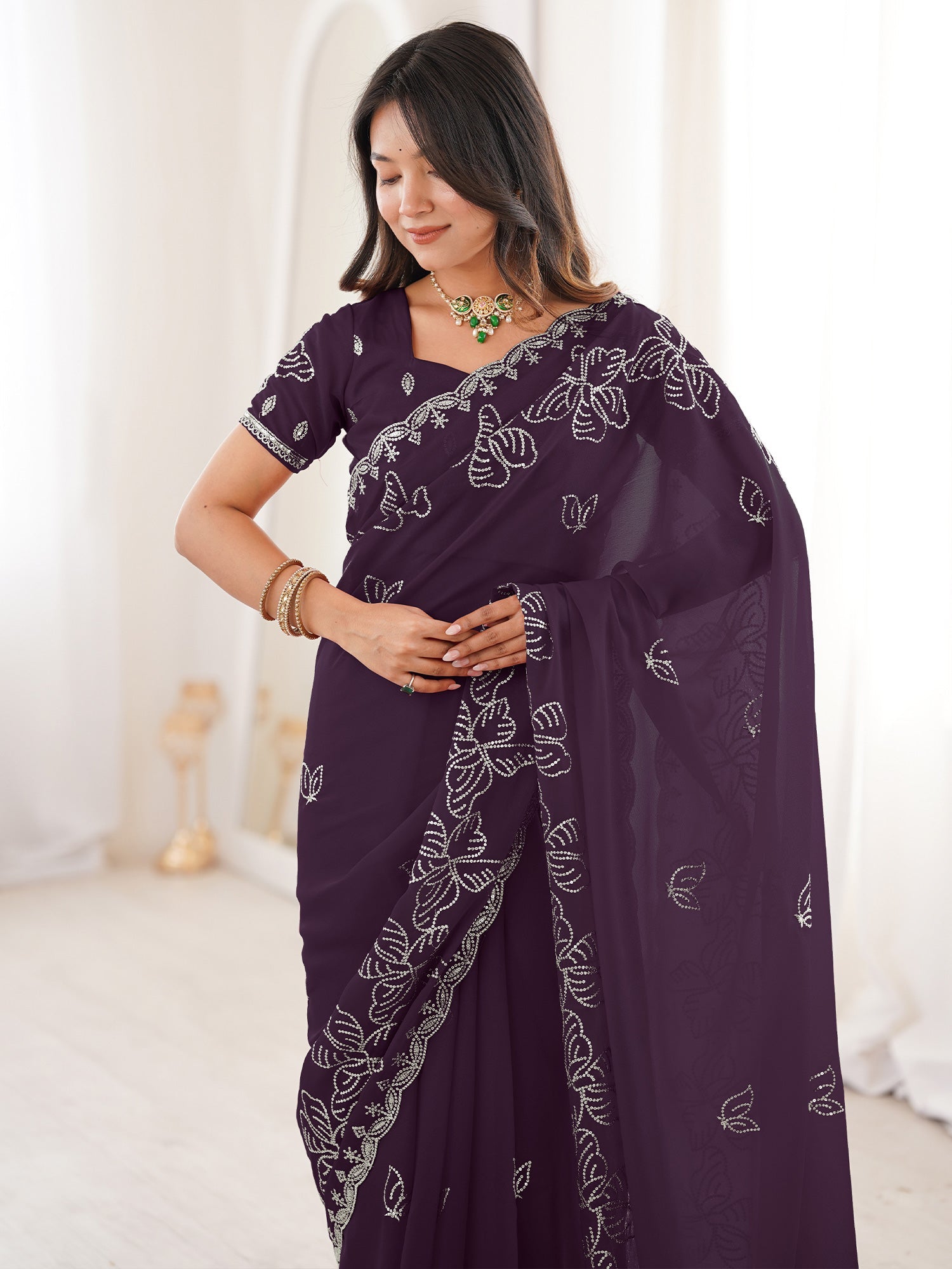 Purple Georgette Embroidered Saree - Ressa