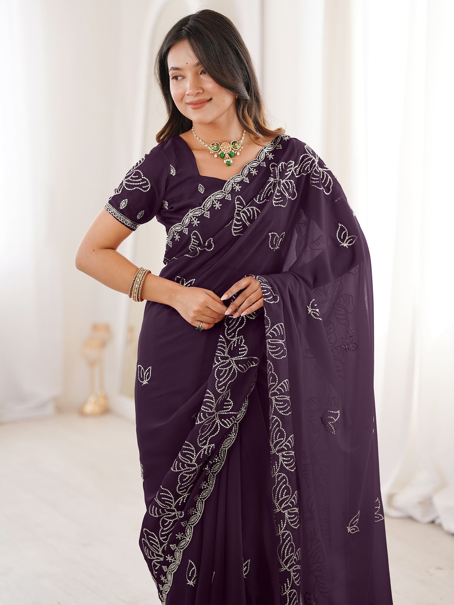 Purple Georgette Embroidered Saree - Ressa
