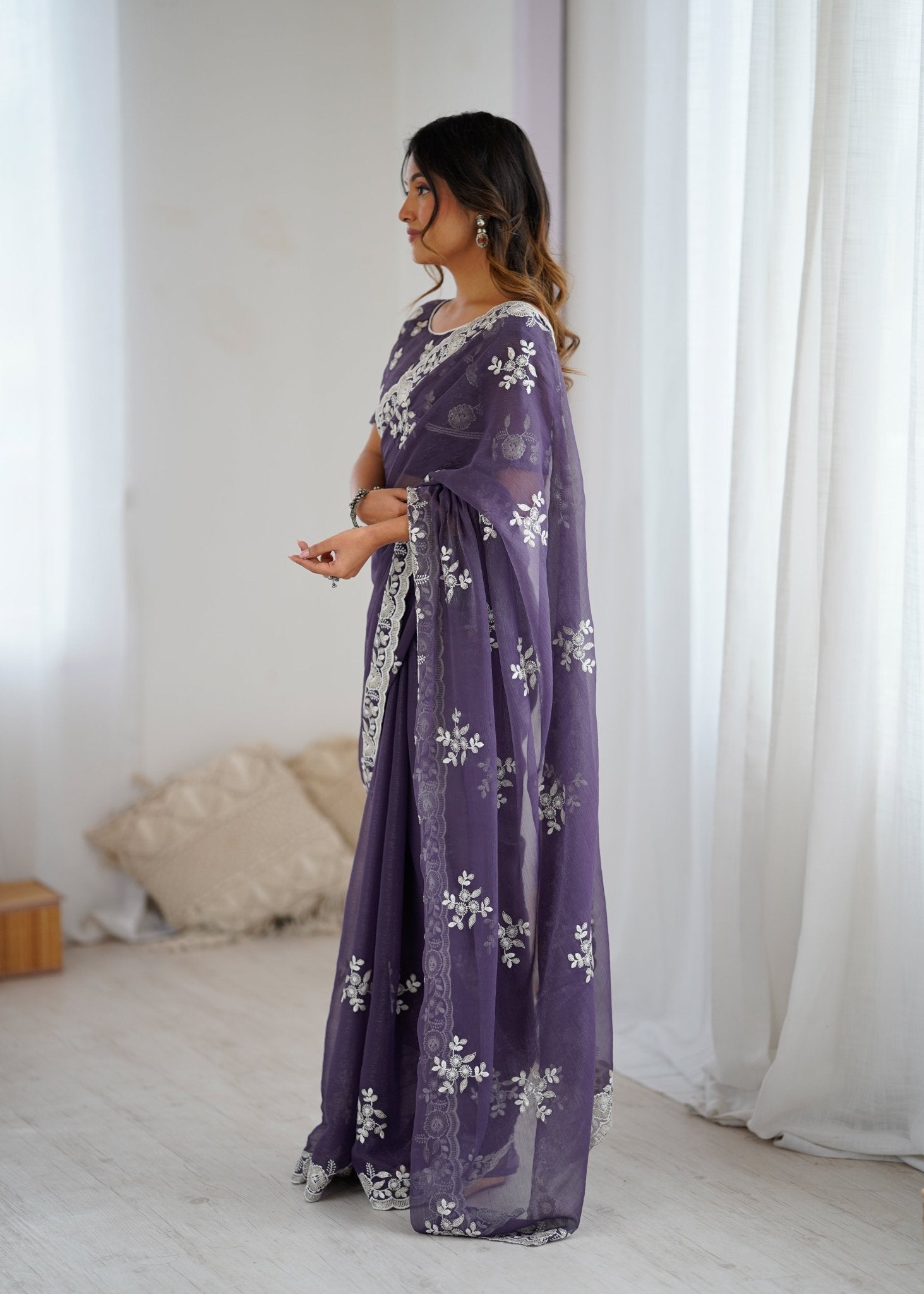 Purple Georgette Embroidered Saree - Ressa