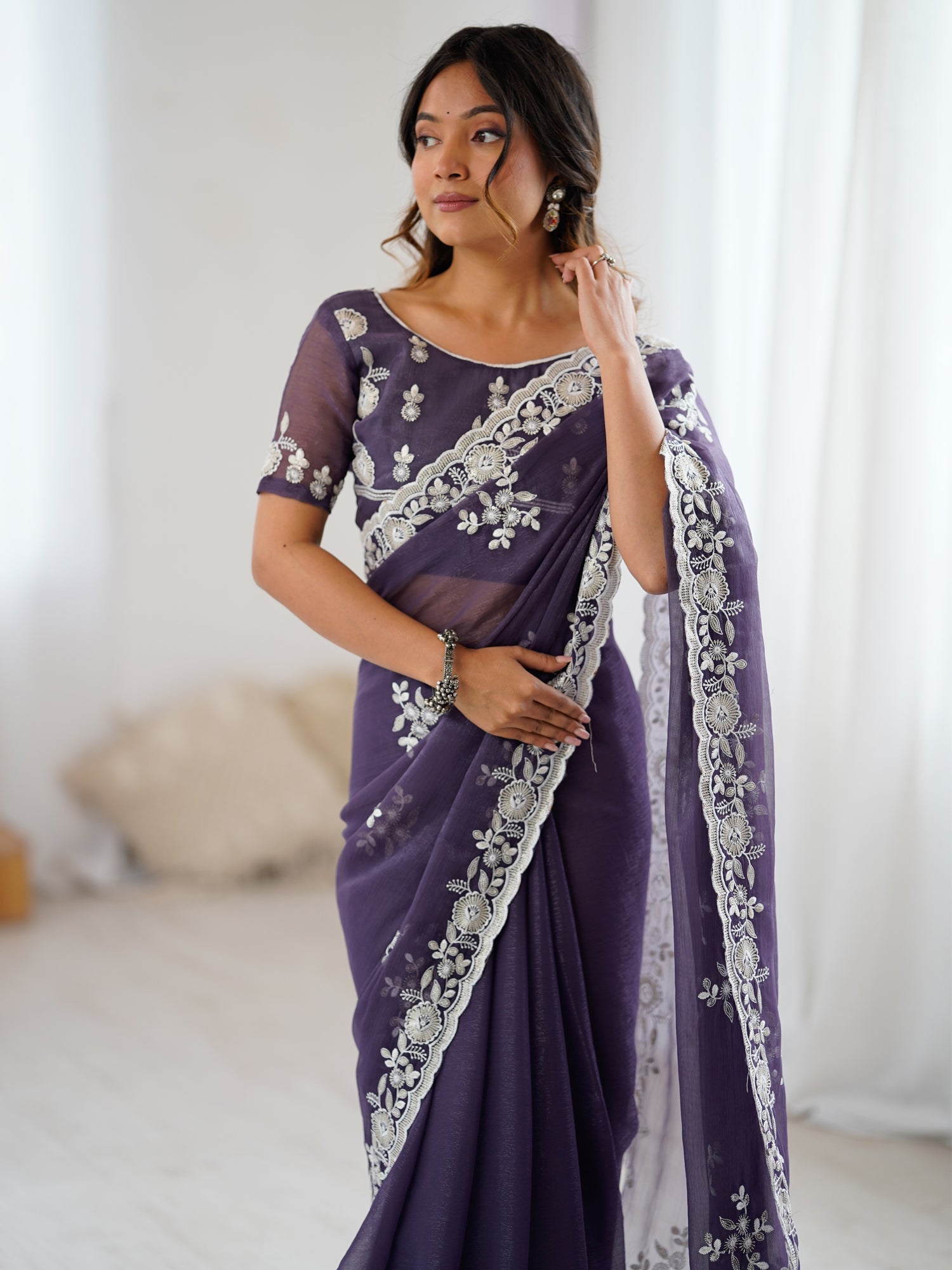 Purple Georgette Embroidered Saree - Ressa