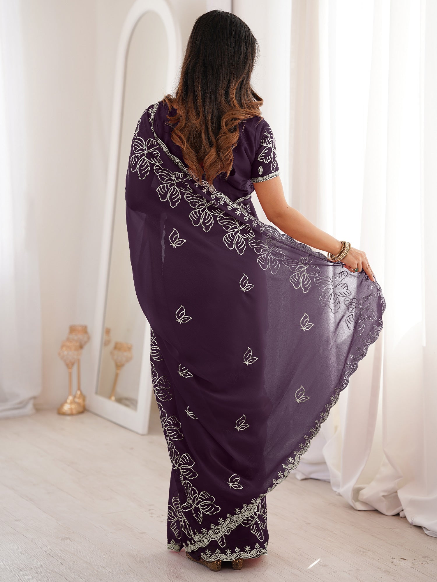 Purple Georgette Embroidered Saree - Ressa