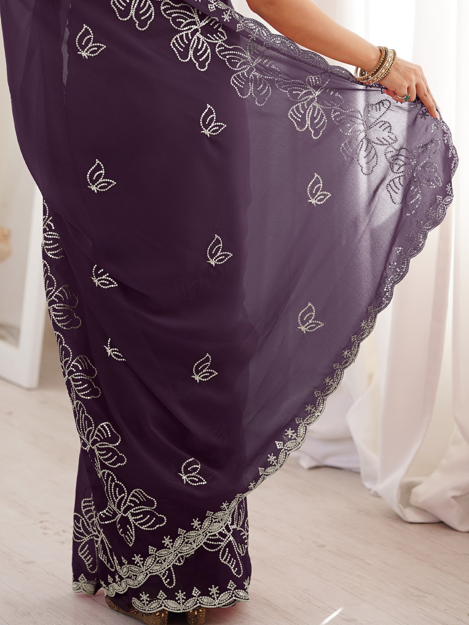 Purple Georgette Embroidered Saree - Ressa
