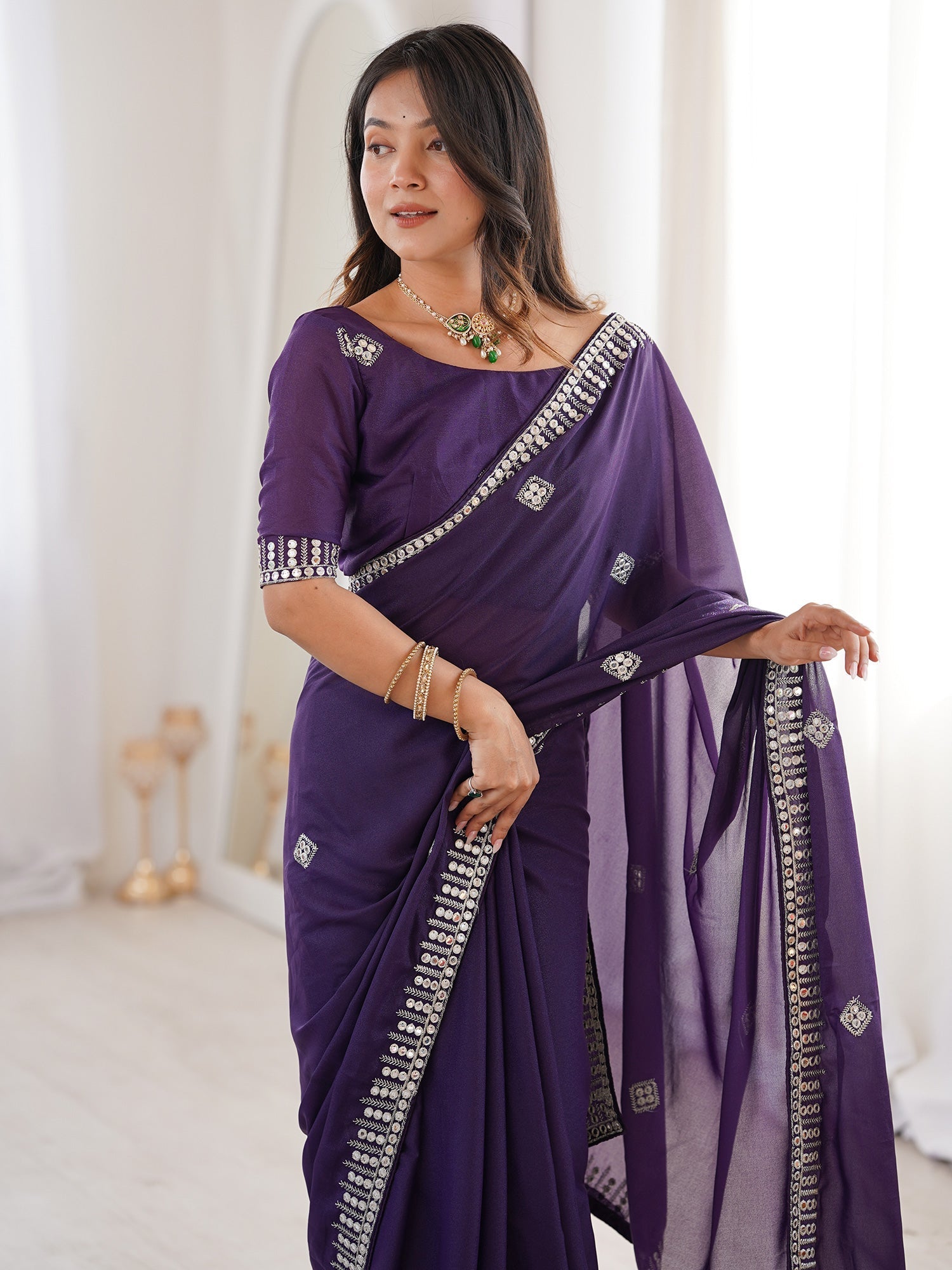Purple Georgette Embroidered Saree with Mirror Work & Blouse - Ressa