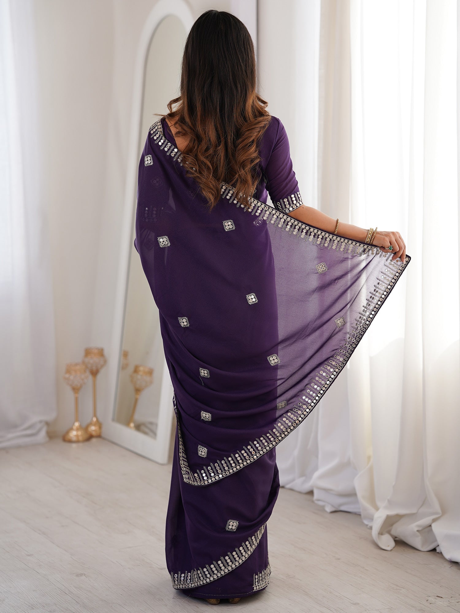 Purple Georgette Embroidered Saree with Mirror Work & Blouse - Ressa