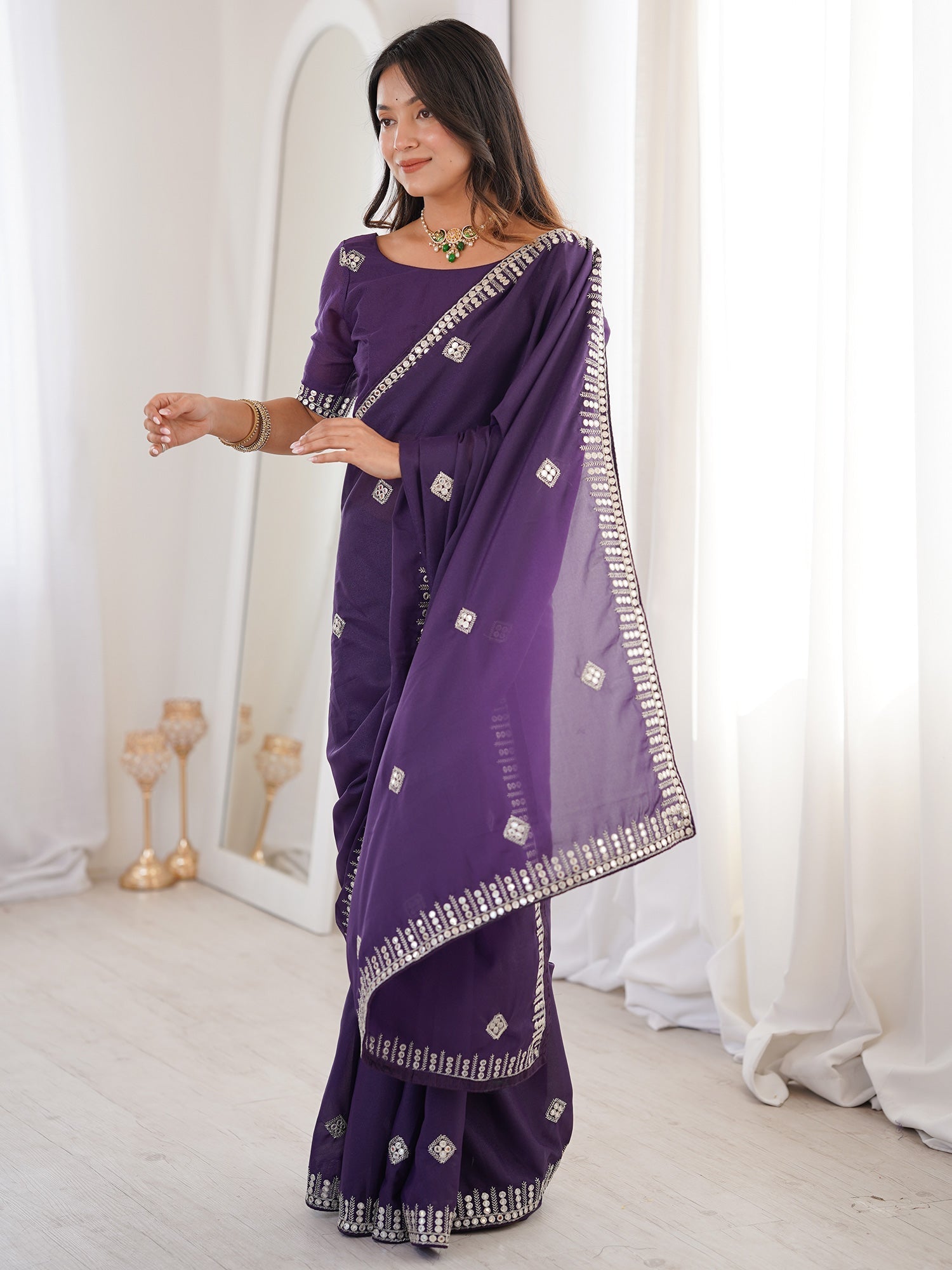 Purple Georgette Embroidered Saree with Mirror Work & Blouse - Ressa