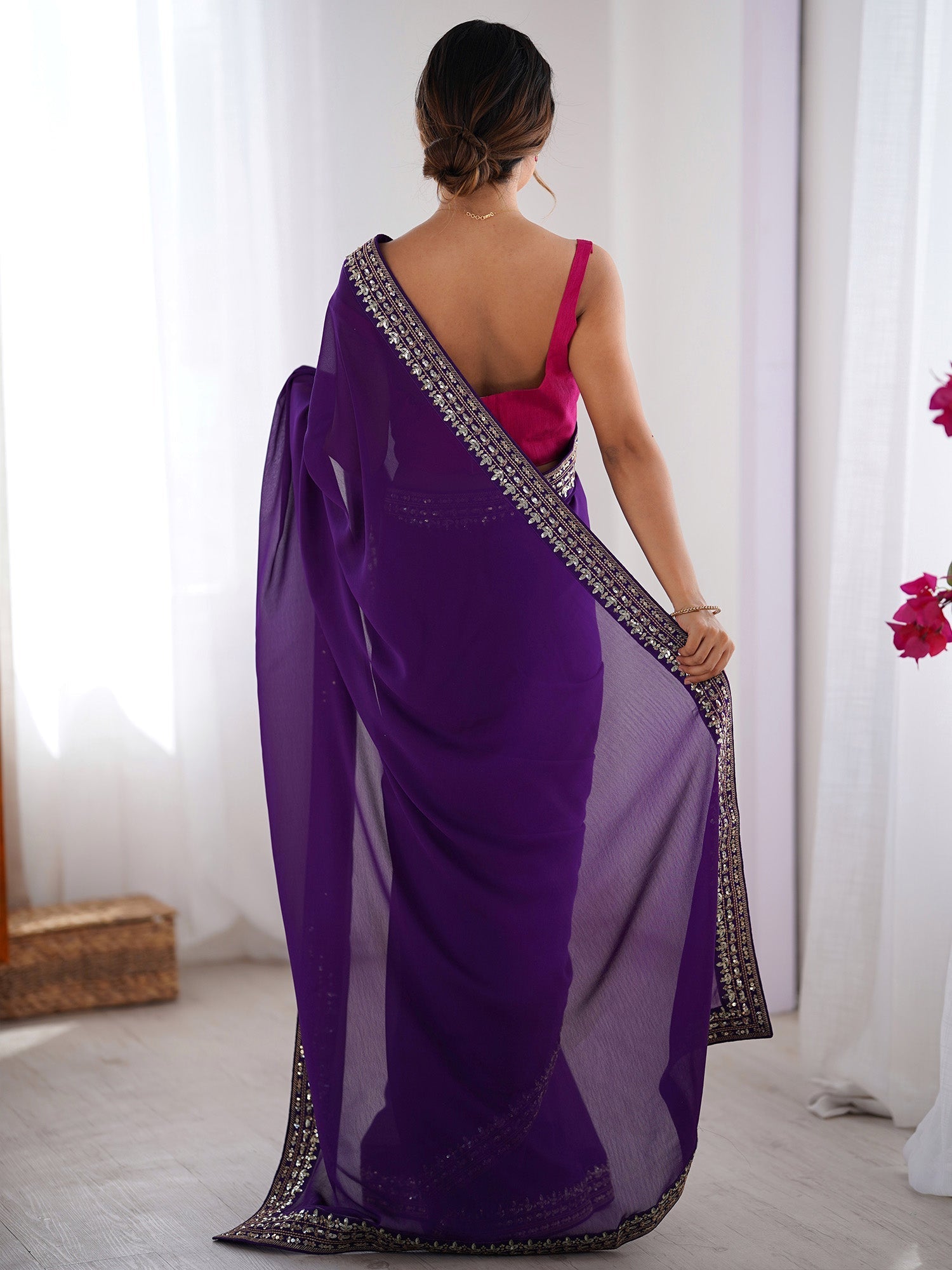 Purple Georgette Embroidered Saree with Pink Blouse - Ressa