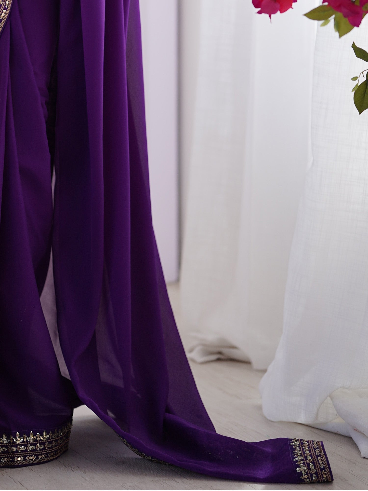 Purple Georgette Embroidered Saree with Pink Blouse - Ressa