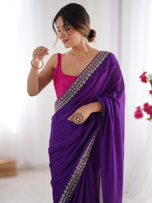 Purple Georgette Embroidered Saree with Pink Blouse - Ressa