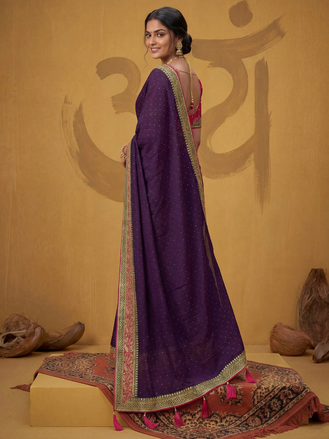 Purple Georgette Embroidery Scalloped Border Saree - Ressa