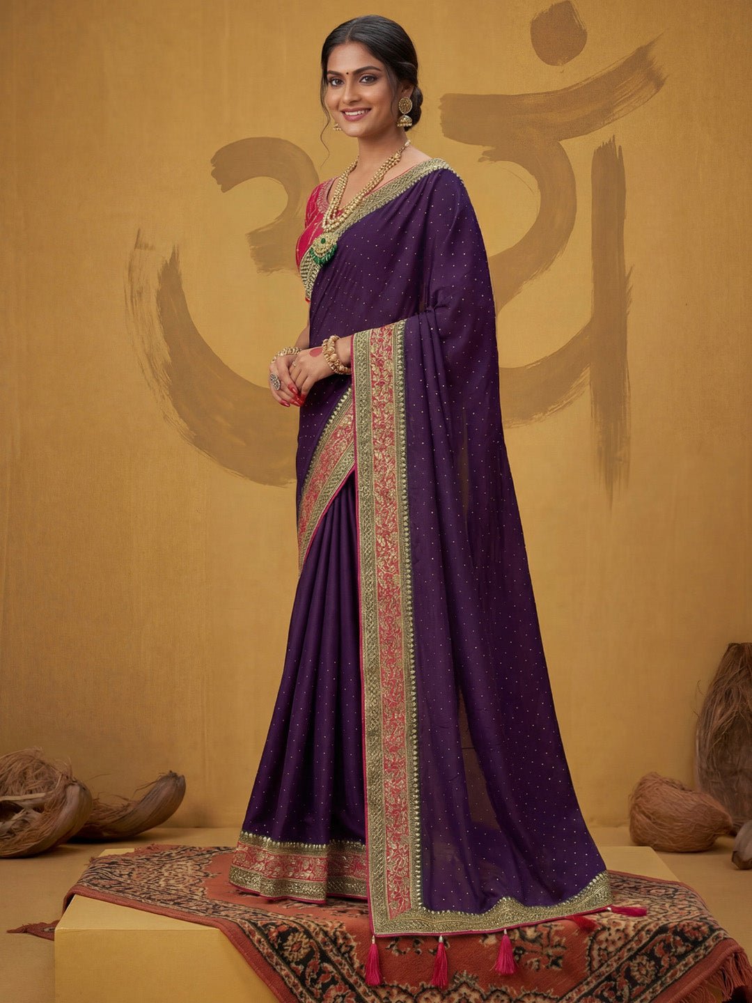Purple Georgette Embroidery Scalloped Border Saree - Ressa