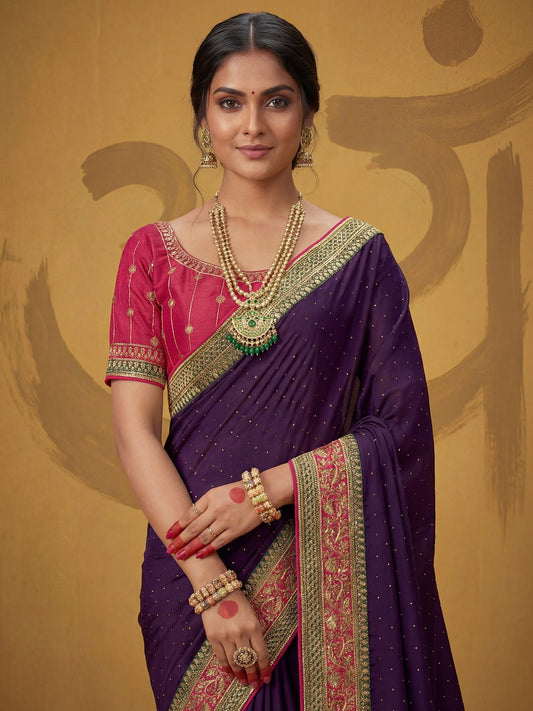 Purple Georgette Embroidery Scalloped Border Saree - Ressa