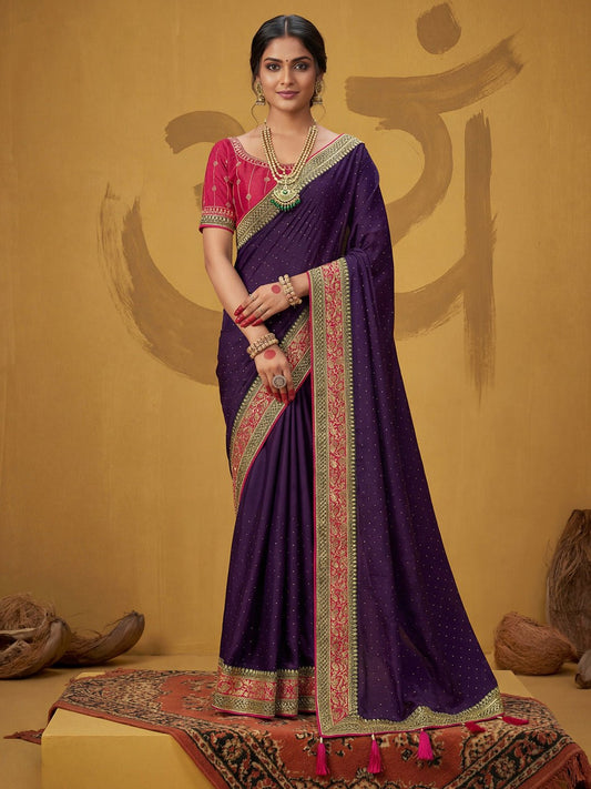 Purple Georgette Embroidery Scalloped Border Saree - Ressa
