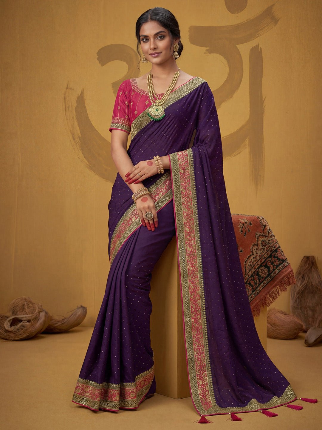Purple Georgette Embroidery Scalloped Border Saree - Ressa