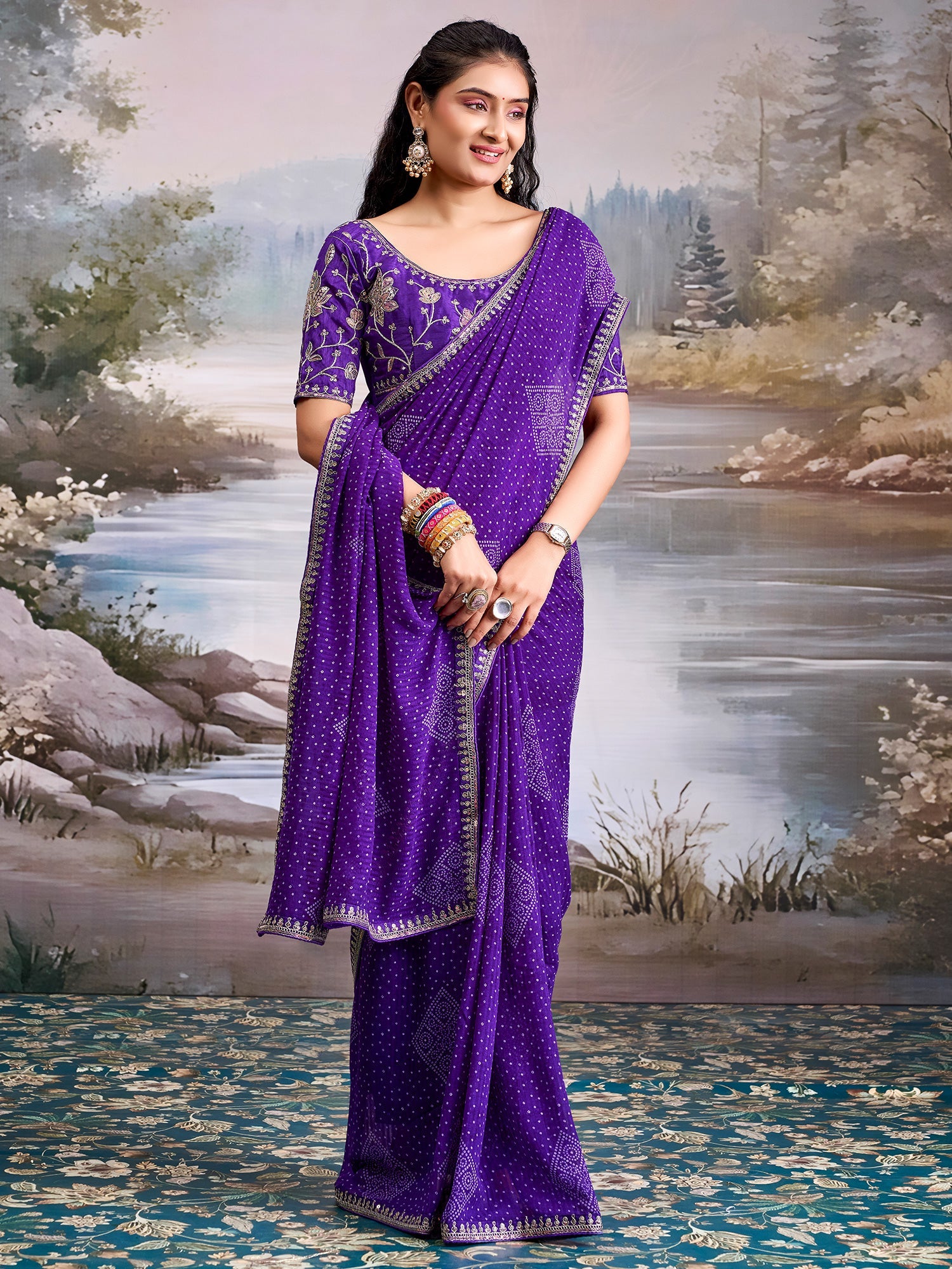 Purple Georgette Saree with Embroidered Border - Ressa