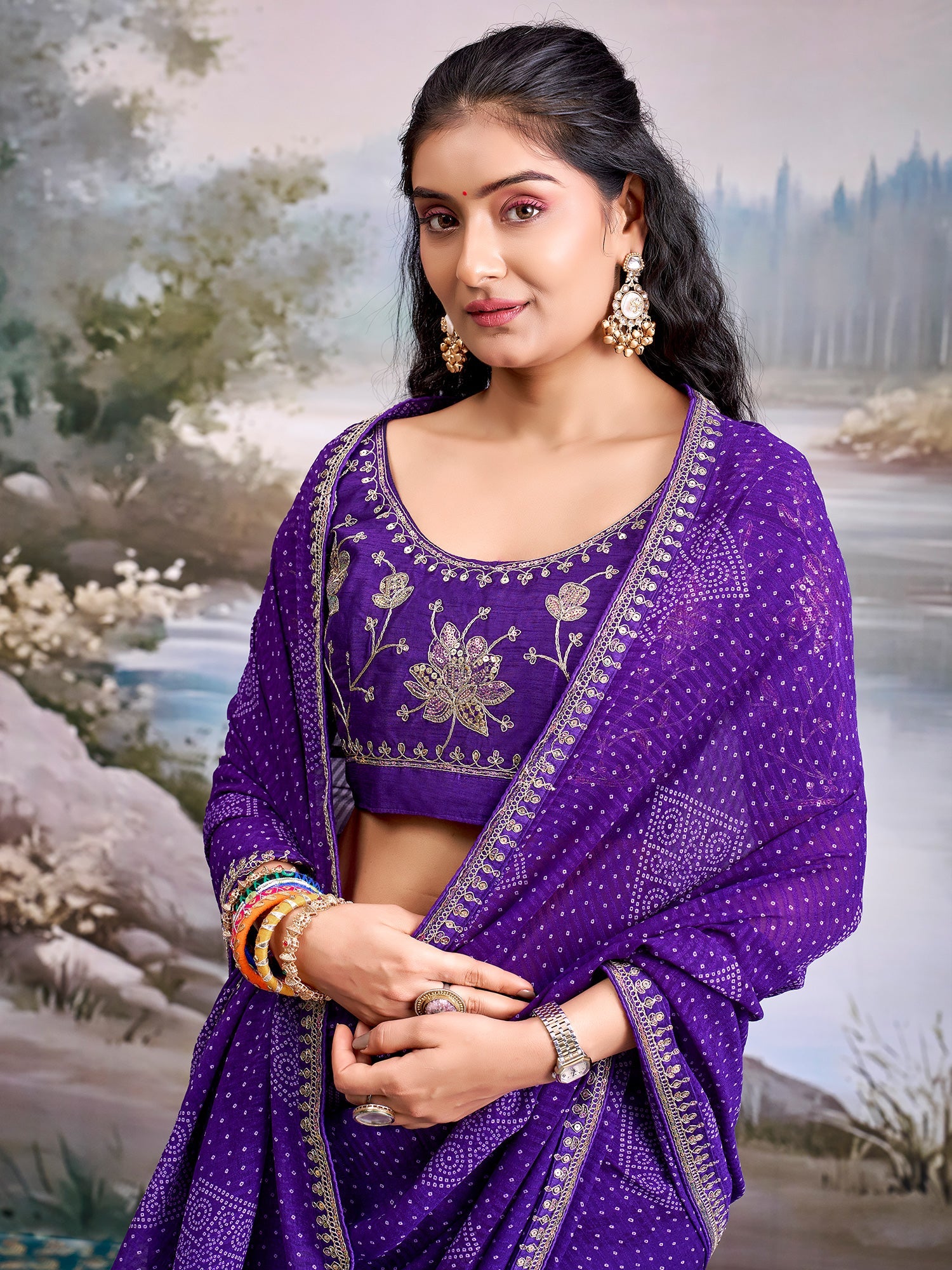 Purple Georgette Saree with Embroidered Border - Ressa
