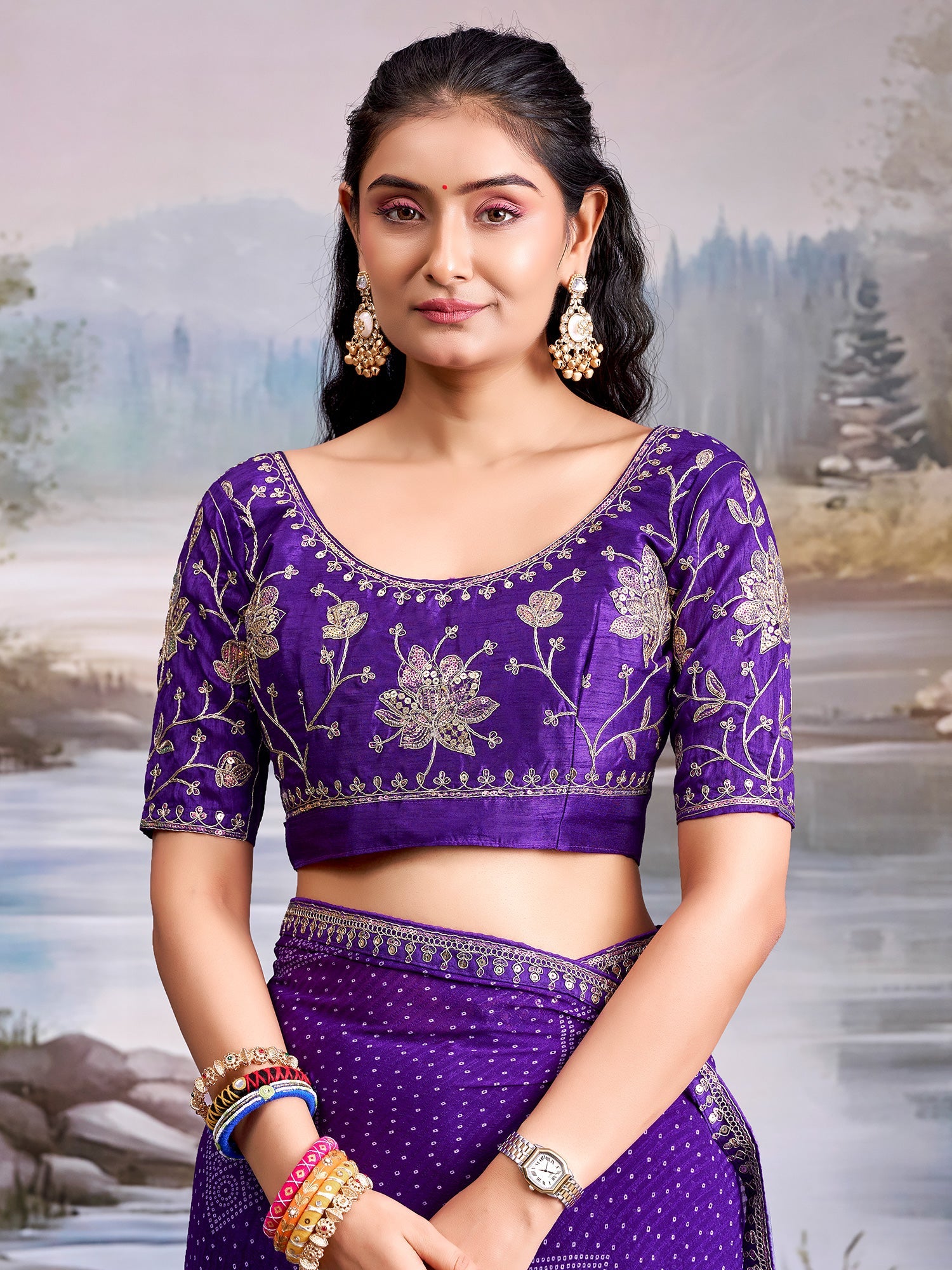 Purple Georgette Saree with Embroidered Border - Ressa