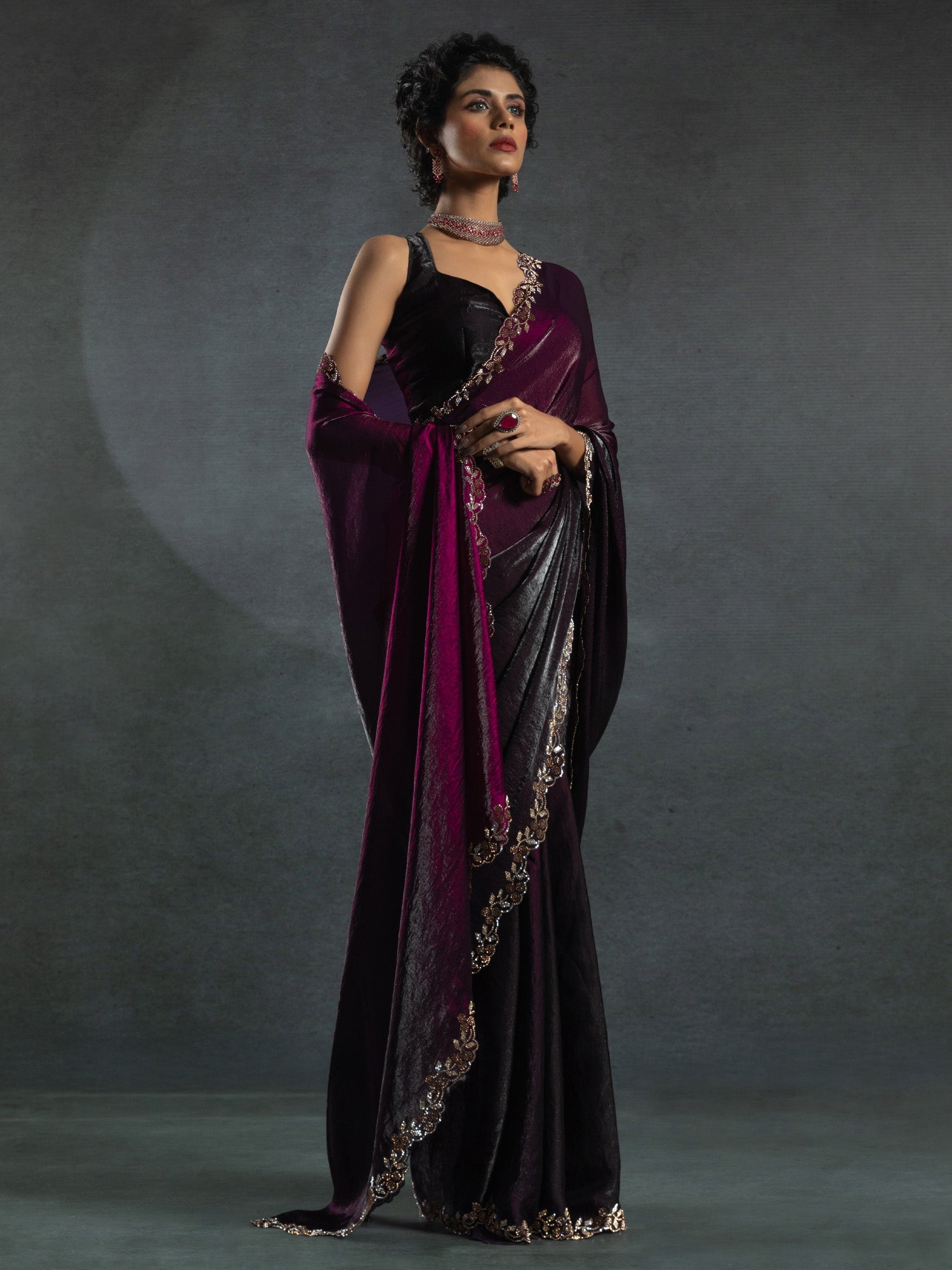 Purple & Gold Embellished Saree - Ressa