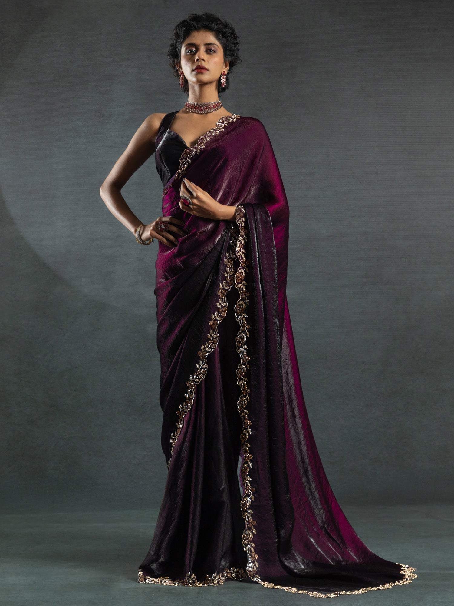Purple & Gold Embellished Saree - Ressa