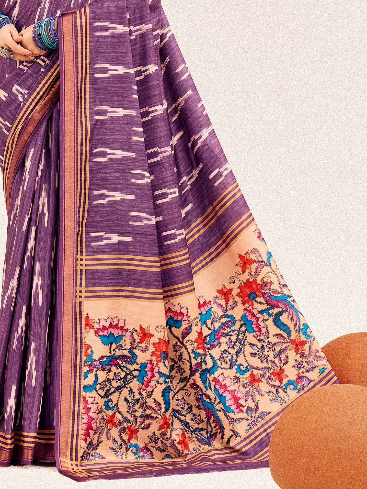 Purple Ikat Silk Saree with Kalamkari Pallu - Ressa