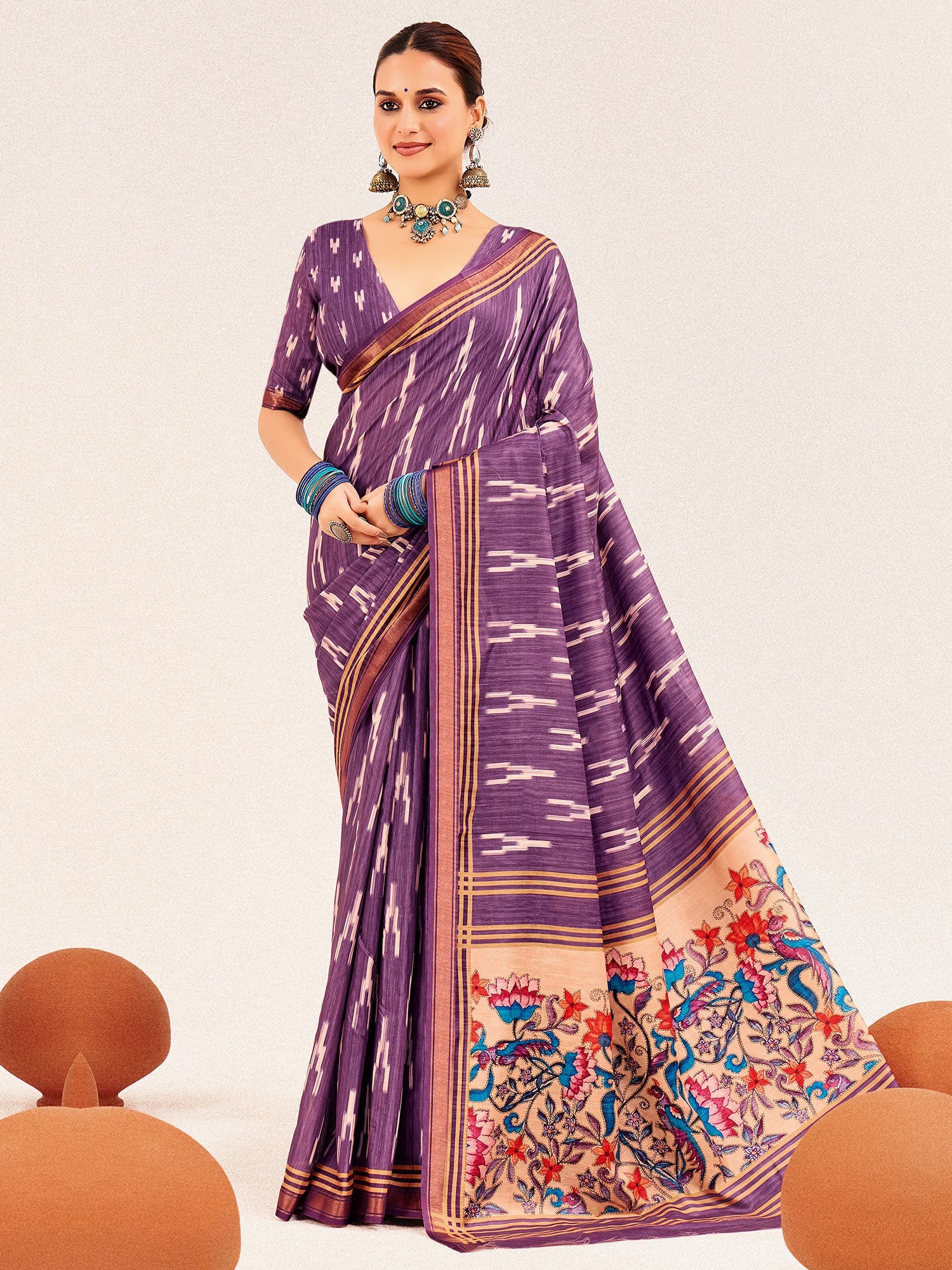 Purple Ikat Silk Saree with Kalamkari Pallu - Ressa