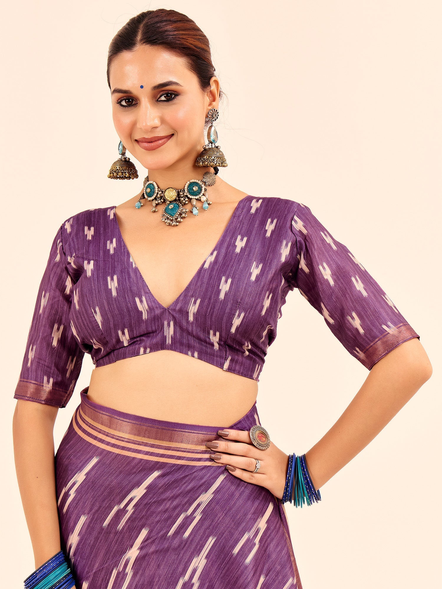 Purple Ikat Silk Saree with Kalamkari Pallu - Ressa