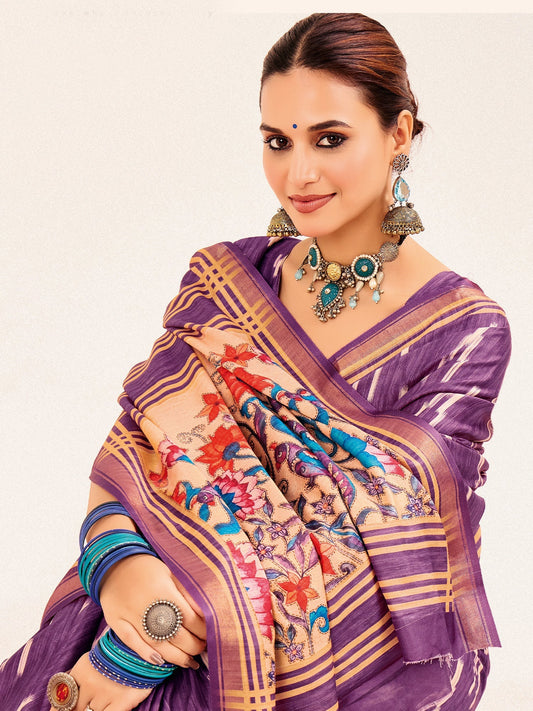 Purple Ikat Silk Saree with Kalamkari Pallu - Ressa