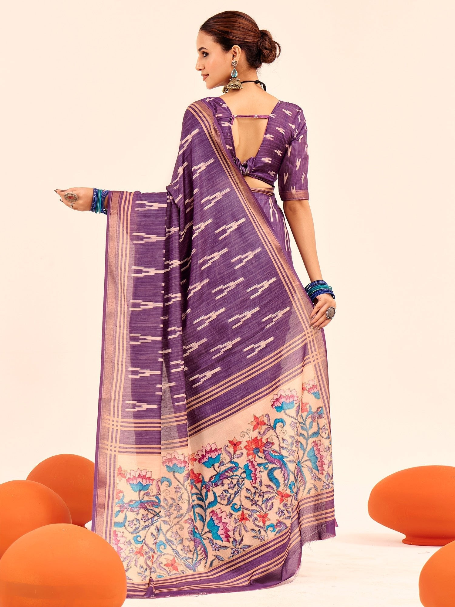 Purple Ikat Silk Saree with Kalamkari Pallu - Ressa