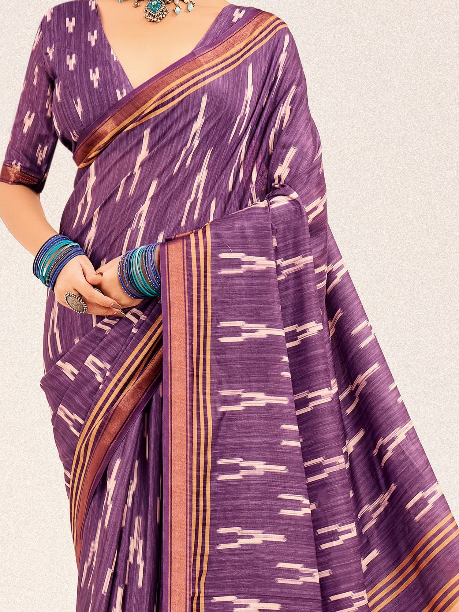 Purple Ikat Silk Saree with Kalamkari Pallu - Ressa