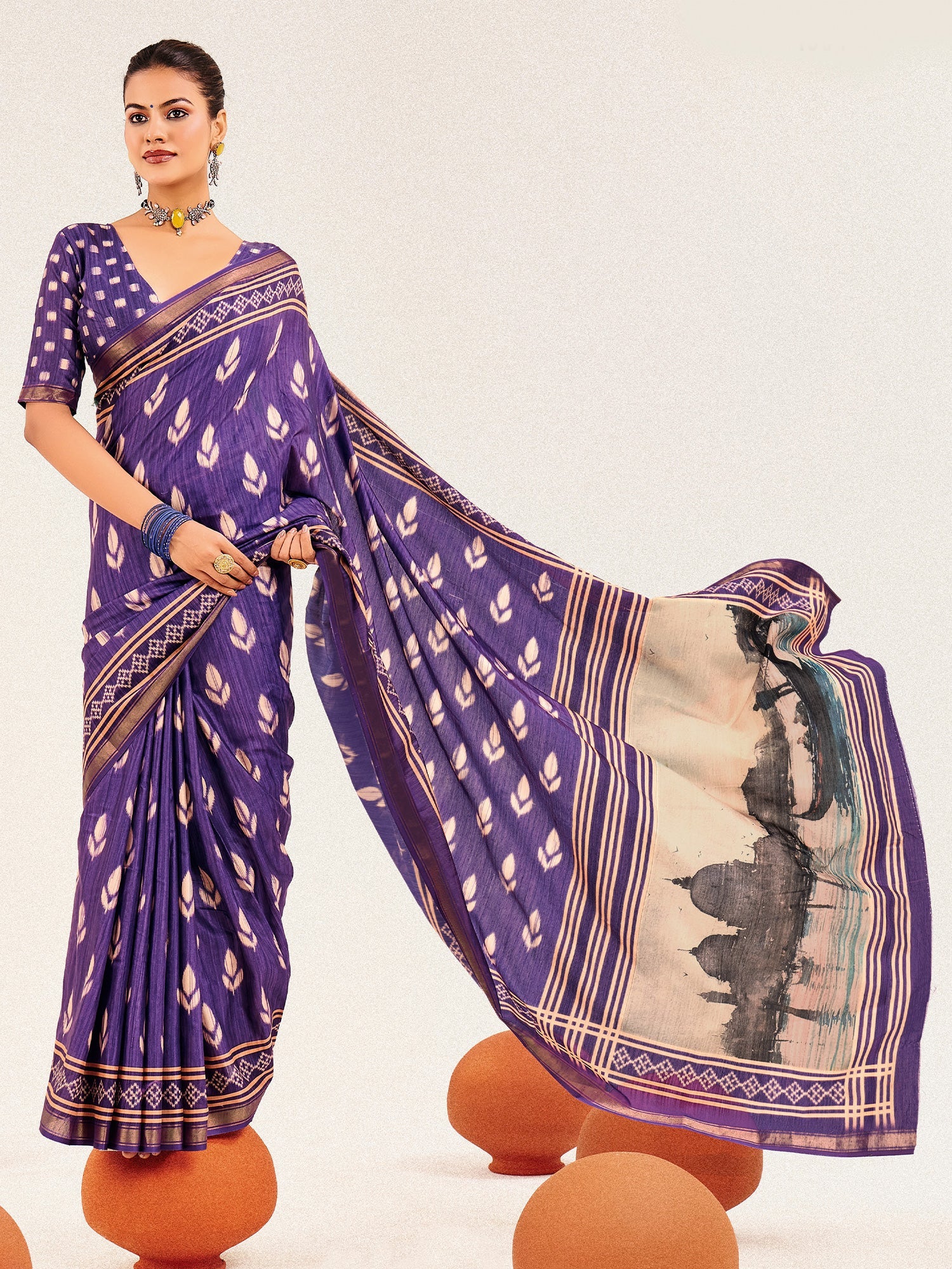 Purple Ikat Silk Saree with Taj Mahal Pallu - Ressa