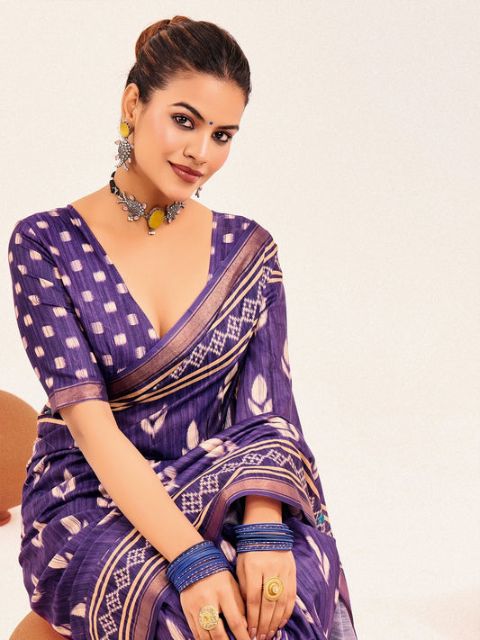 Purple Ikat Silk Saree with Taj Mahal Pallu - Ressa