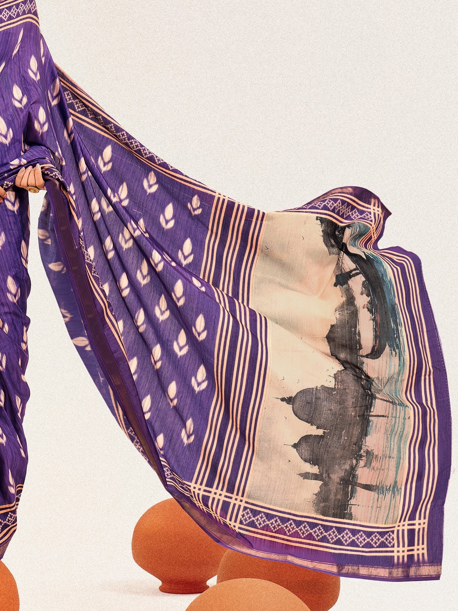 Purple Ikat Silk Saree with Taj Mahal Pallu - Ressa