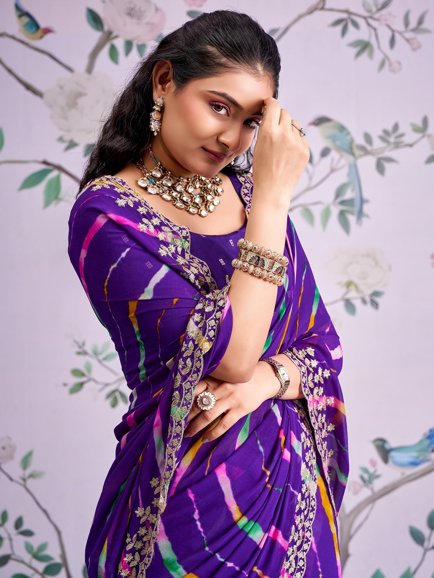 Purple Leheriya Georgette Saree with Embroidered Border - Ressa