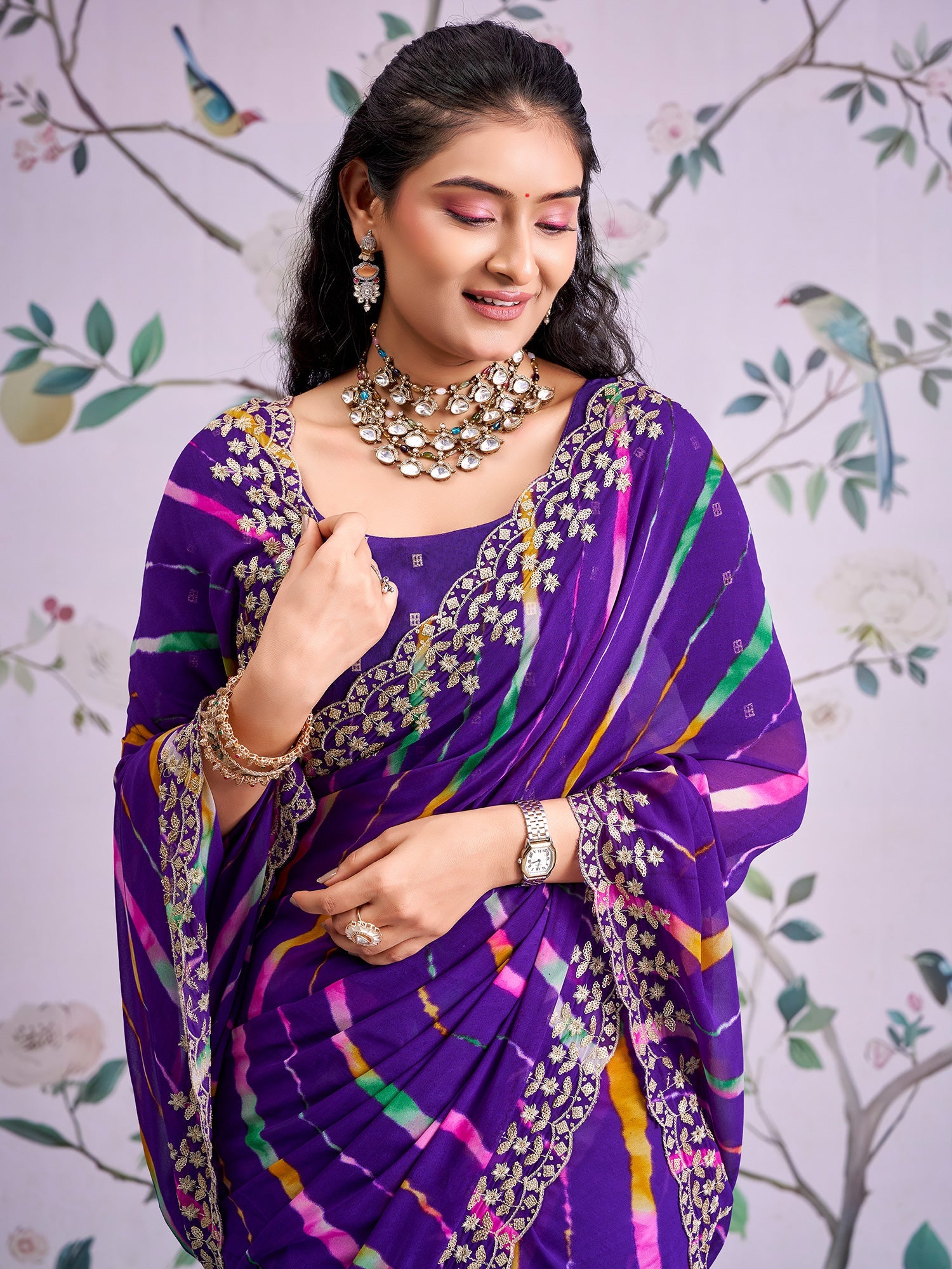 Purple Leheriya Georgette Saree with Embroidered Border - Ressa