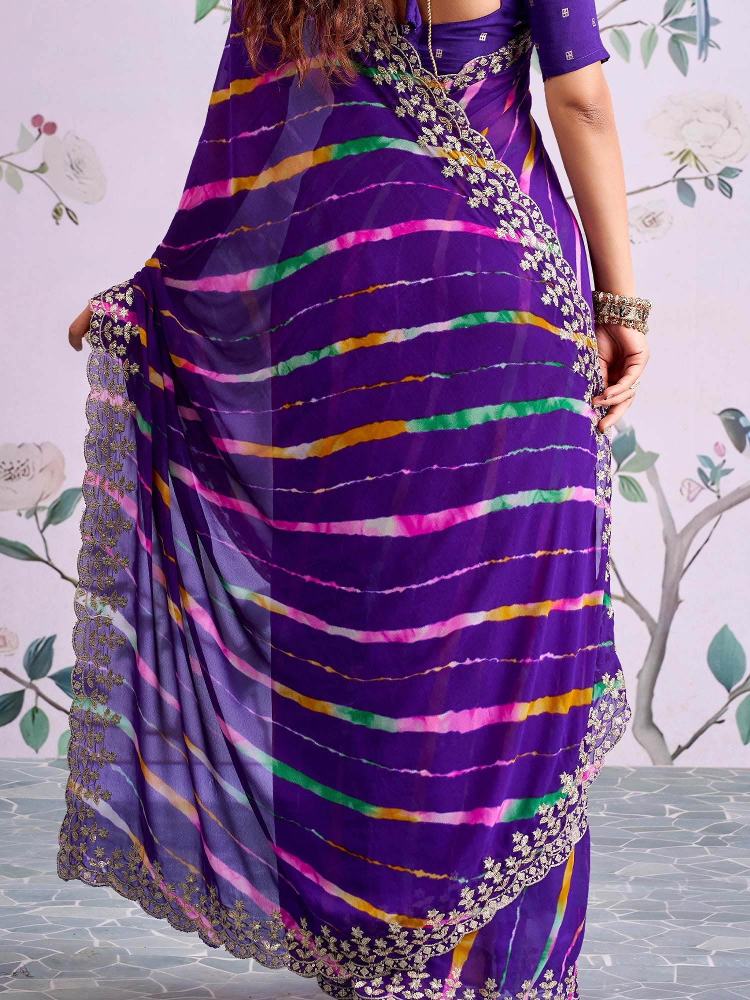 Purple Leheriya Georgette Saree with Embroidered Border - Ressa