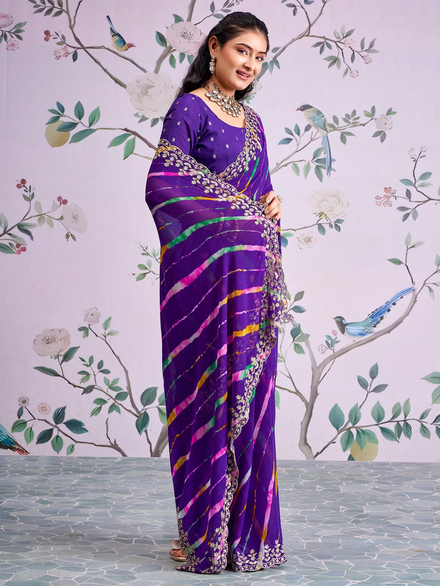 Purple Leheriya Georgette Saree with Embroidered Border - Ressa