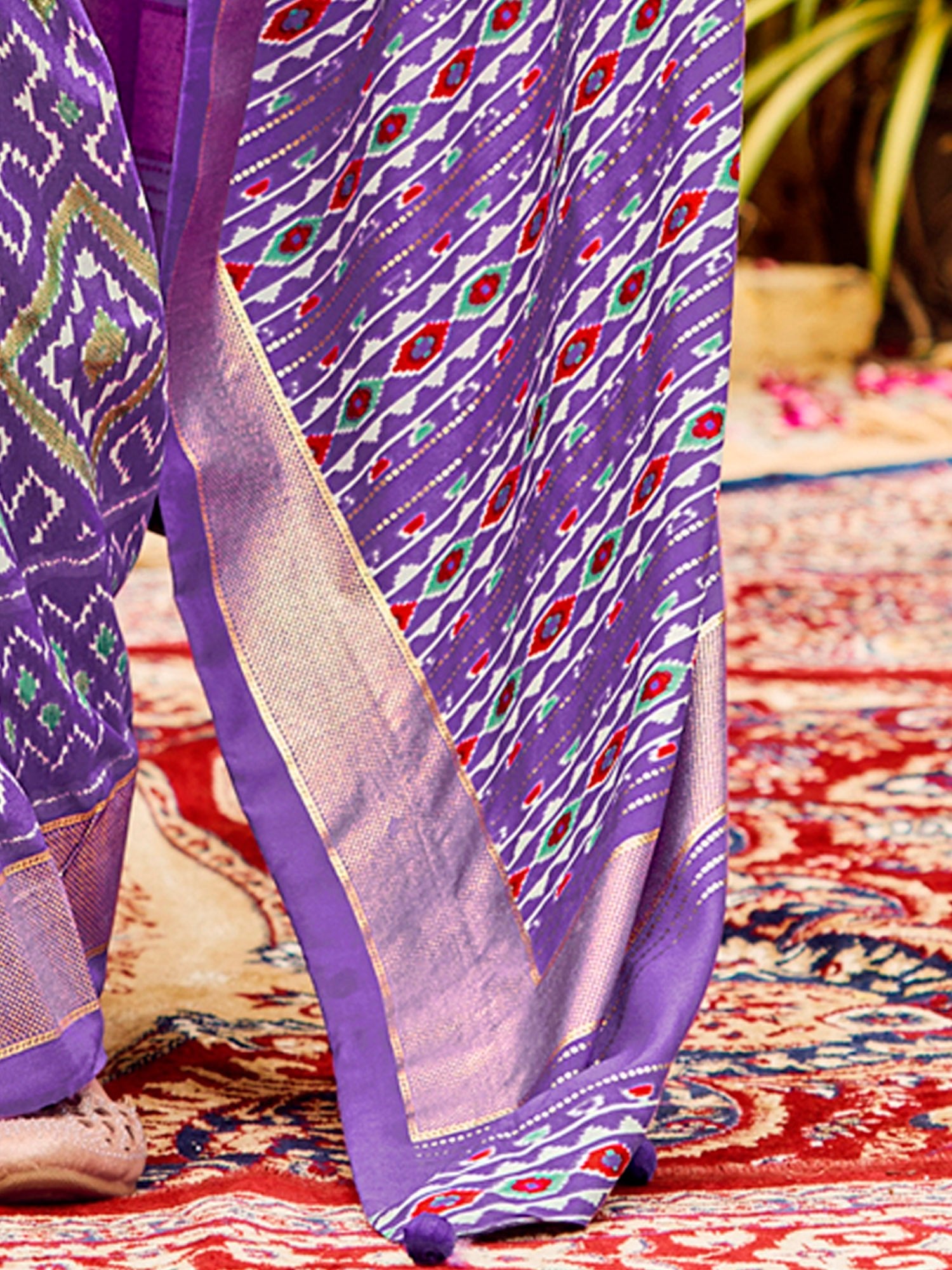 Purple Multicolored Patola Woven Silk Blend Geometric Design Blouse Saree - Ressa